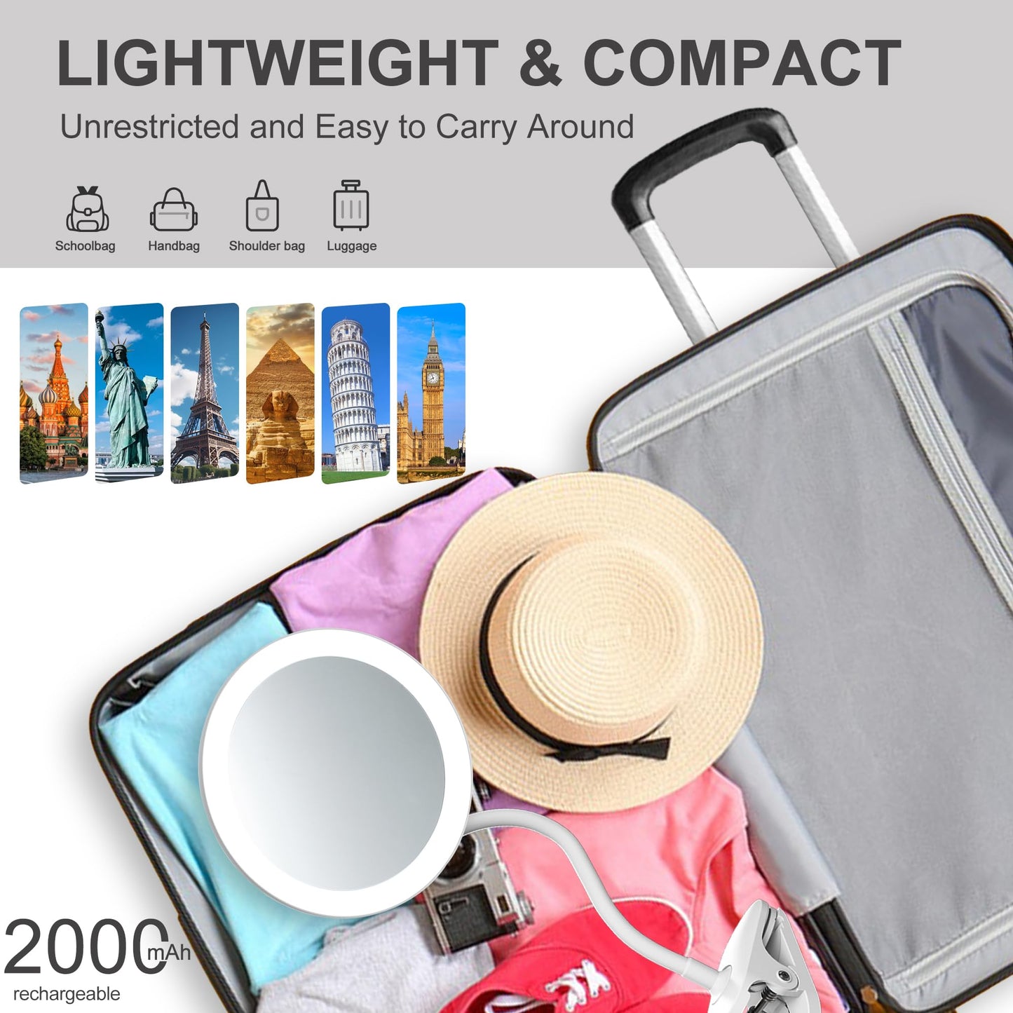 6.5" Clip on Vanity Makeup Mirror with Light, gooseneck Travel 10x Magnifying Mirror,USB Recharge (White 10X)