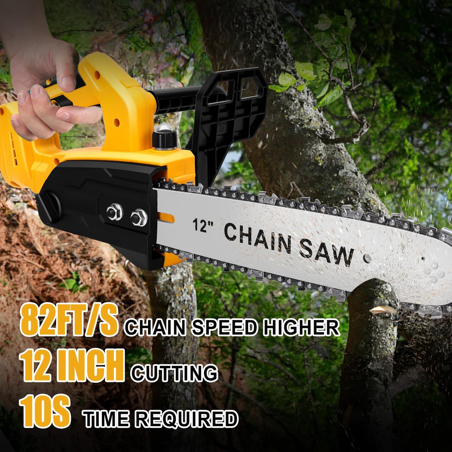 Brushless Chainsaw Compatible with Dewalt 20V Battery, 12 Inch Mini Chainsaw Cordless with 3 Chains and Security Lock Handheld Electric Chainsaw for Wood Cutting, Tree Trimming (No Battery)