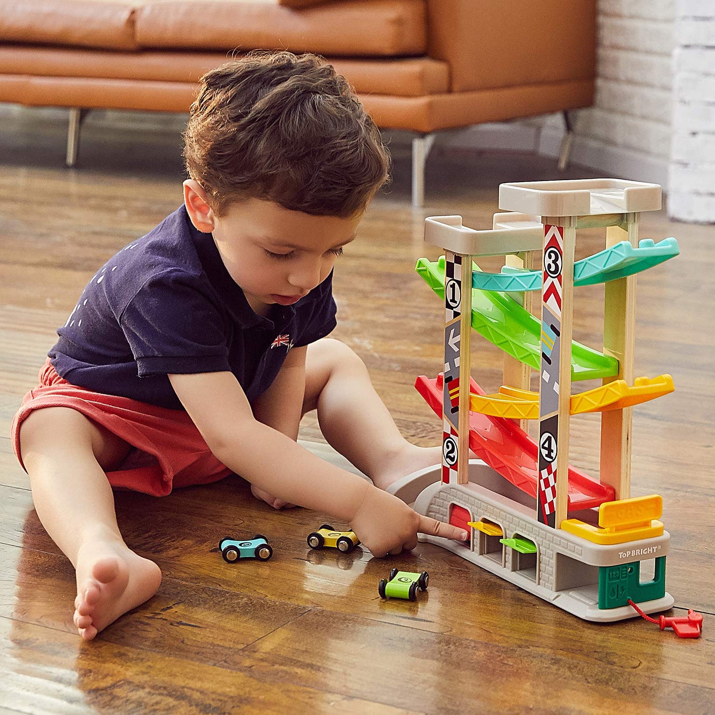Top Bright Car Ramp Toys for 1 2 3 Year Old Boys Girls Gift, Wooden Race Track for Toddler 1-3, Montessori Toy for 18 Months with 4 Mini Cars