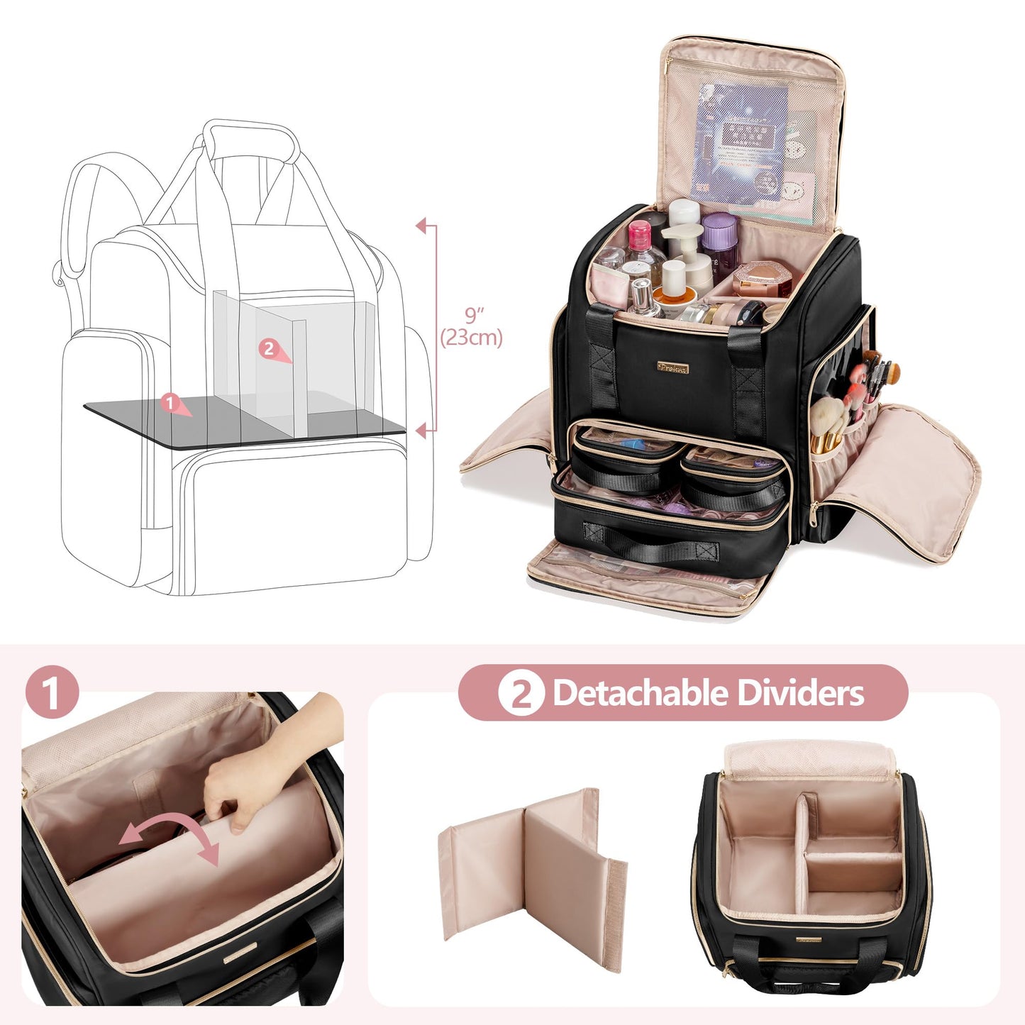 Prokva Large Makeup Backpack with 3 Clear Makeup Bags, Double Layers Professional Makeup Travel Case with Brushes Storage Section for Makeup Artists, Black (Patent Design)