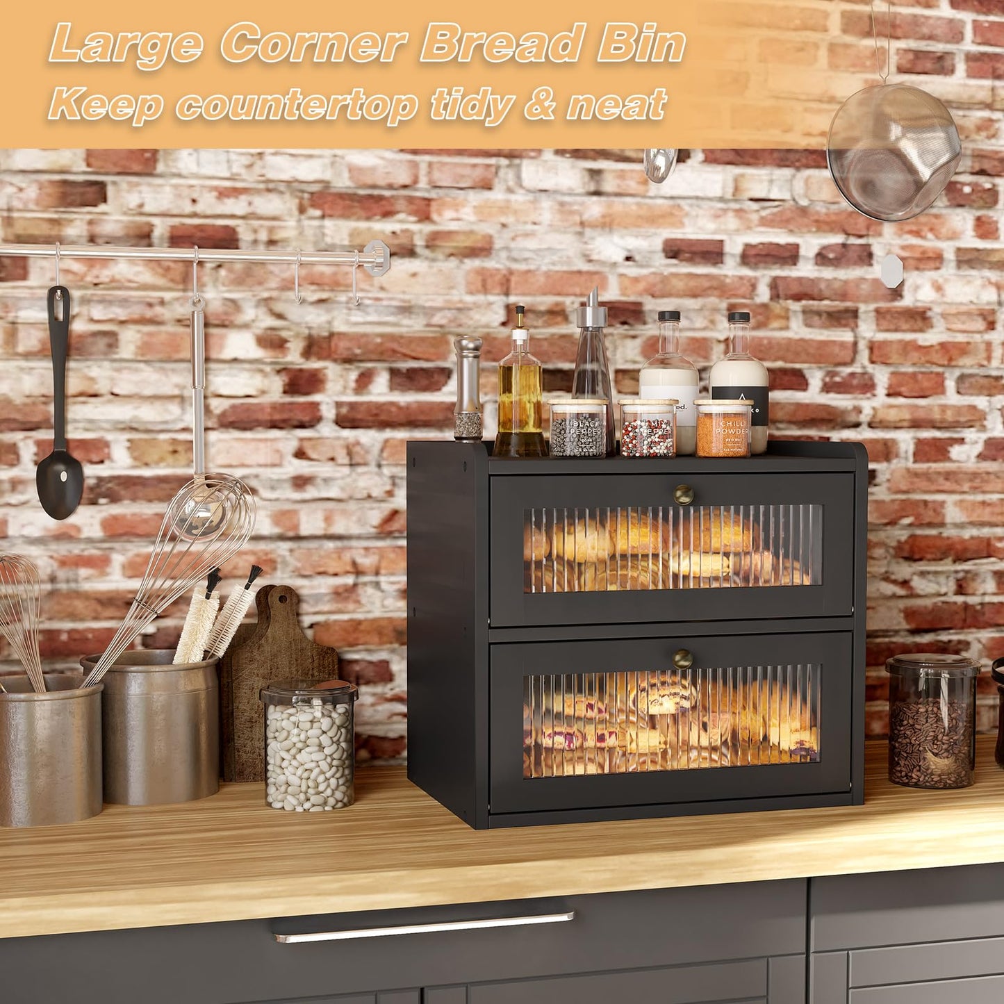 Alpeir Double Layer Large Bread Box for Kitchen Counter, Wooden Corner Bread Storage Container with Acrylic Window, Black