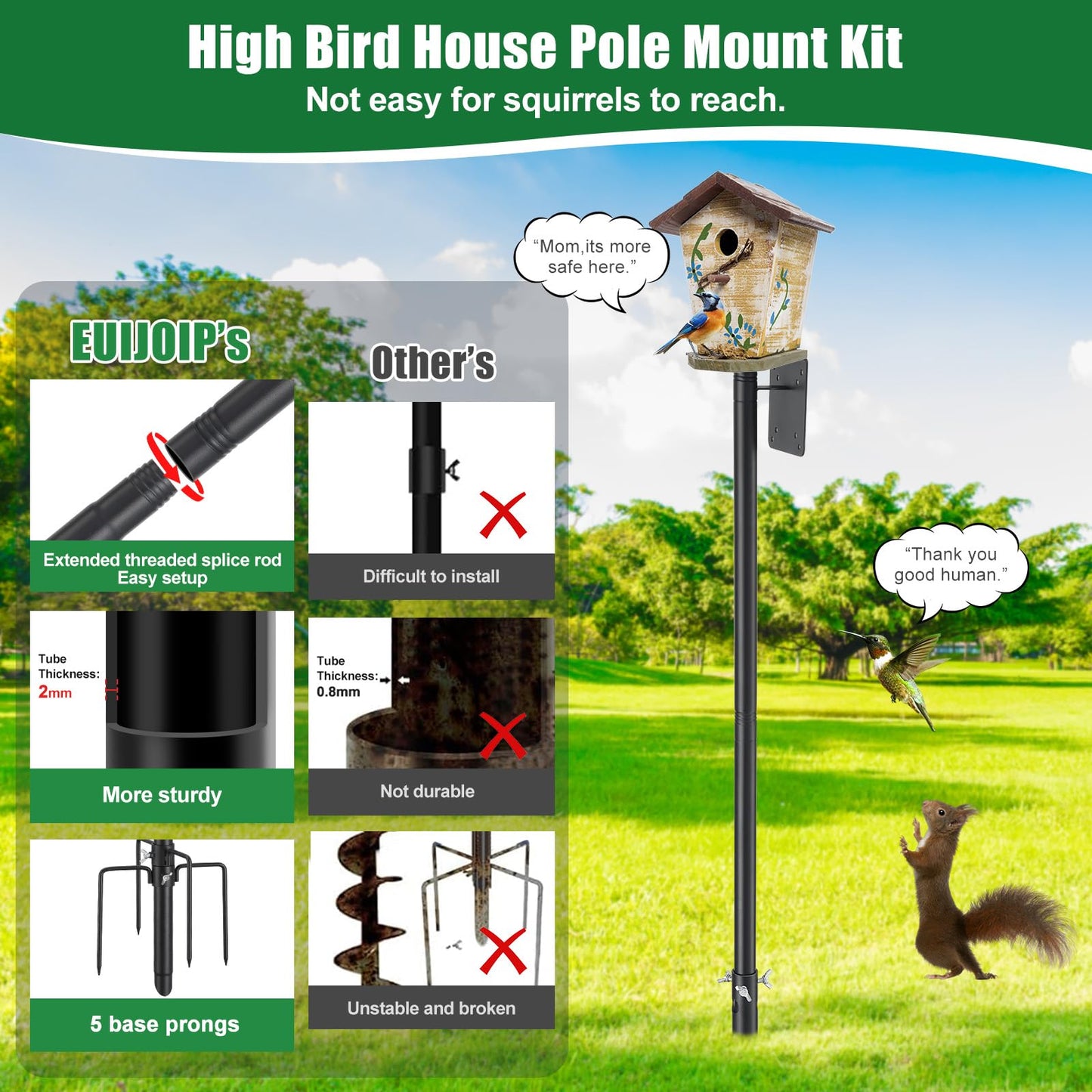Bird Feeder Pole, 105" Squirrel Proof Feeder Stand with 5-Pronged Base, Outdoors Heavy Duty, Adjustable, Black Bird House Pole