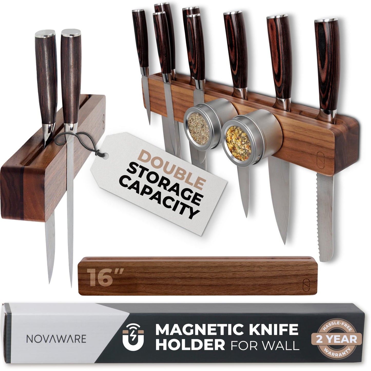 Walnut 16 inch Magnetic Knife Holder for Wall with Double Storage & Charming Wood - Knife Magnet Wall Mount, Magnetic Knife Strip, Magnetic Knife Block