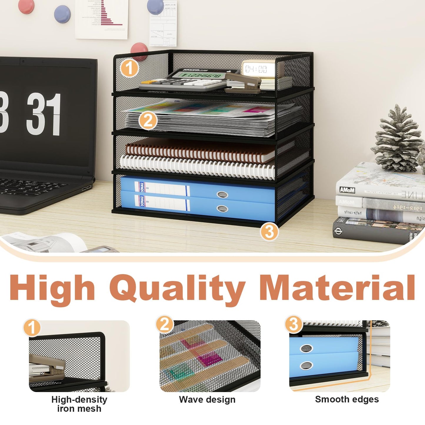 Natwind 4 Tier Stackable Paper Trays for Letter Documents, Desktop File Organizers for Office Supplies, Metal Mesh Desk Organizer，Office Organizer，Letter Trays for Home, Office, School，Black