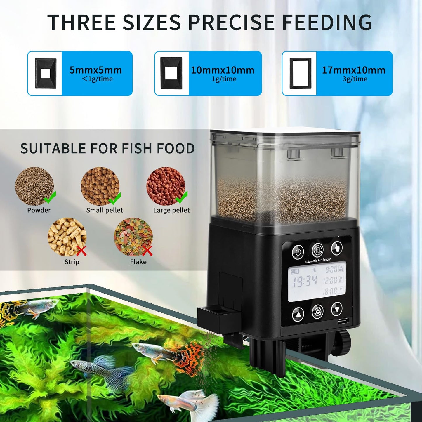Automatic Fish Feeder for Aquarium with Timer, LCD Display 320ML Large Capacity Adjustable Fish Dispenser, Operated Feeders for Goldfish, Turtle for Vacation, Weekend or Daily Use(Black)