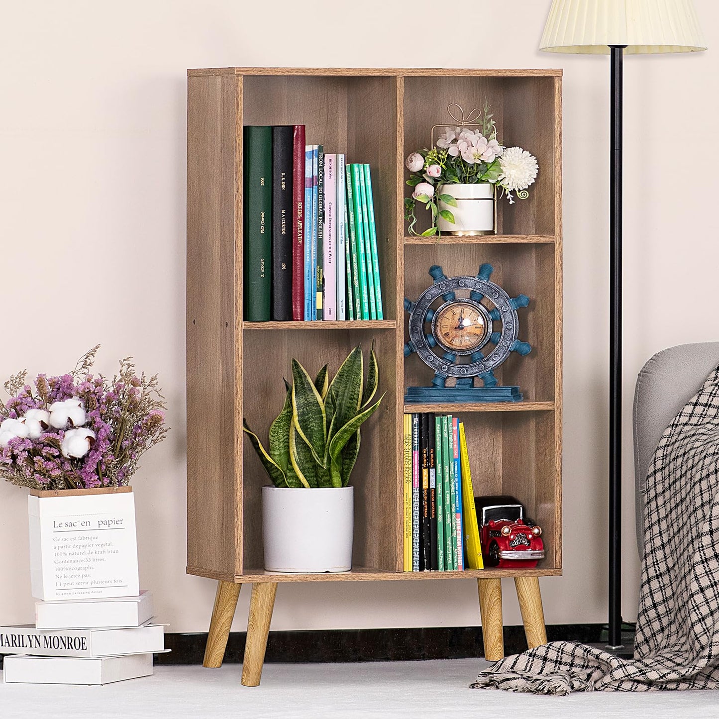 LEYAOYAO Wooden 5 Cube Bookshelf, Oak 3 Tier Book Shelf with Legs, Modern Open Storage Boho Organizer Bookcase,Display Cabinet Shelf Free Standing Bookshelves for Bedroom,Living Room,Study