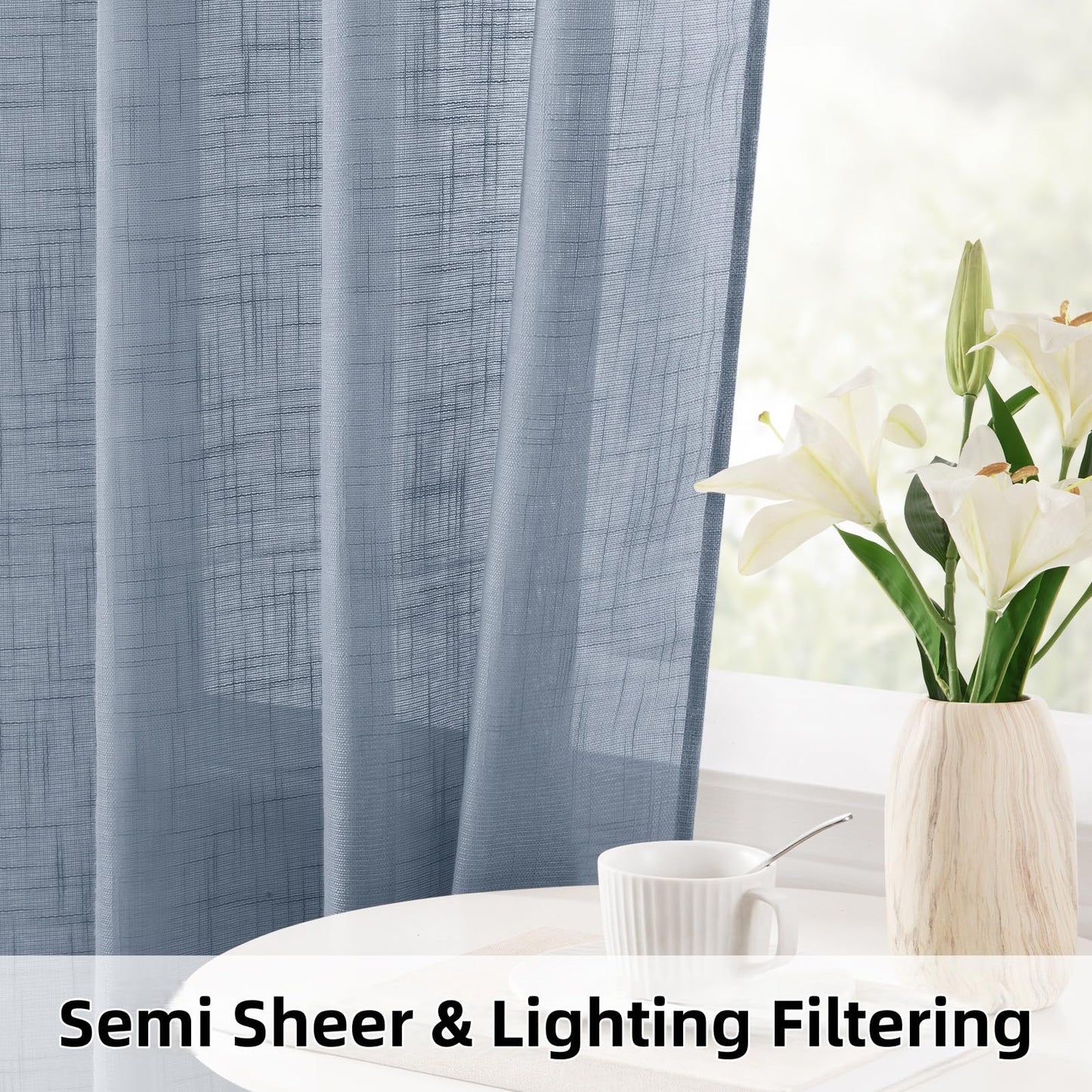 HOMEIDEAS Stone Blue Linen Textured Sheer Curtains, 84 Inches Long 2 Panels Semi Sheer Curtains Farmhouse Window Drapes for Bedroom Living Room, 2 Panels, W52 x L84