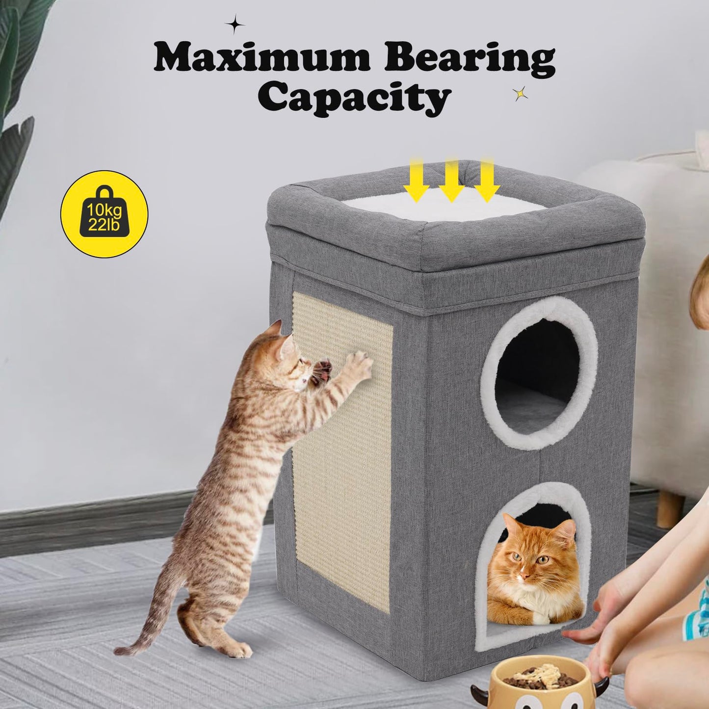 3-Level Cat House for Indoor, Covered Cat Condo with Scratch Pad and Hideaway Cave, Cat Bed &Furniture for Multi Pets and Large Cats, 15.3 * 15.3 * 26 inches,Grey