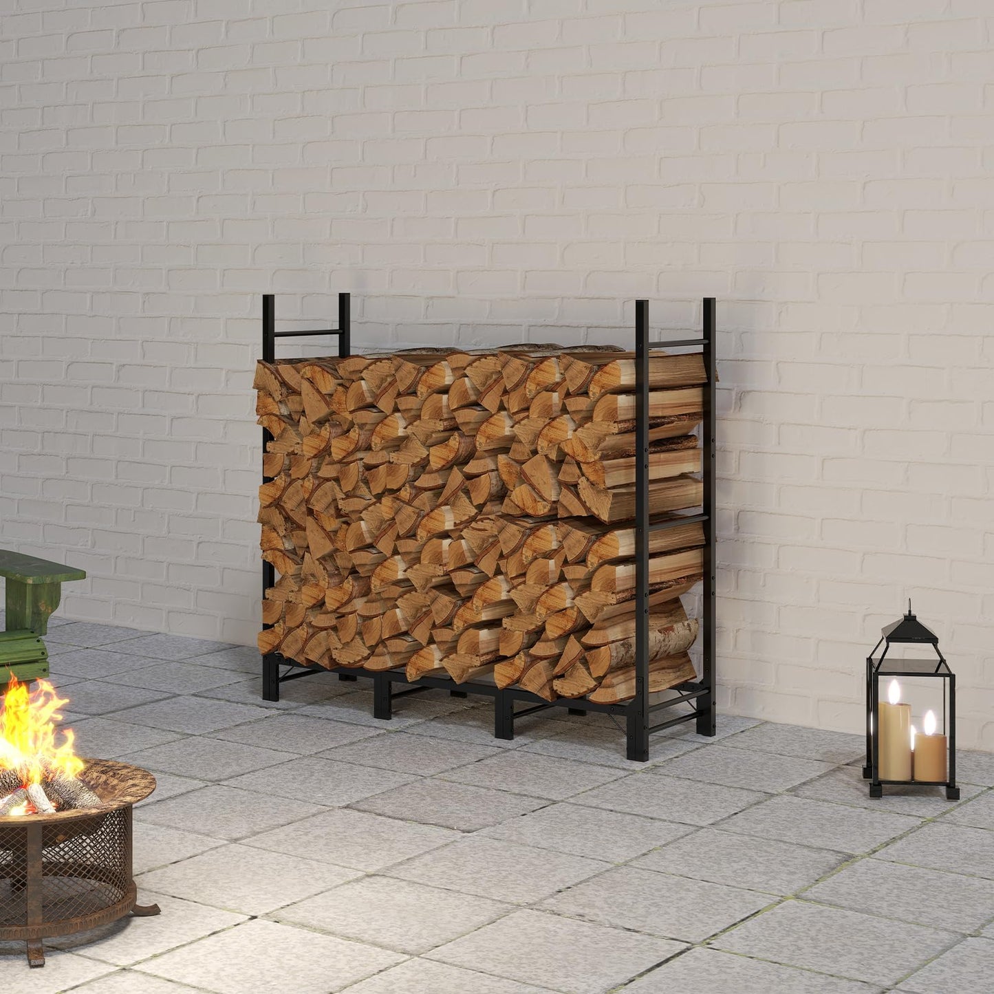 Helios&Hestia 4Ft Outdoor Firewood Rack for Fireplace, Heavy Duty Steel Log Holder, Indoor Wood Pile Storage Organizer, Adjustable Stacker Stand, Black