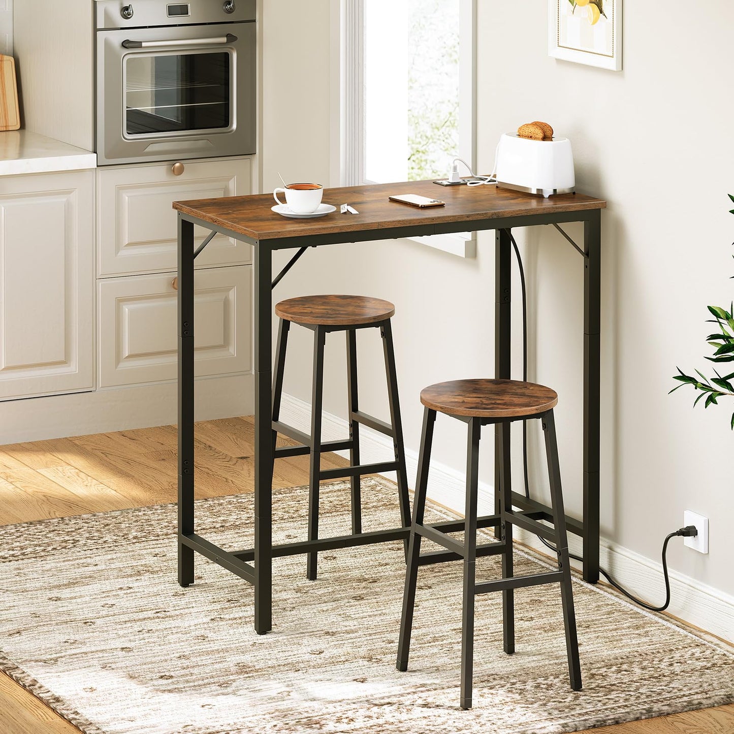 HOOBRO Bar Table with Charging Station, Rectangular Pub Table, High Top Coffee Table, Counter Bar Height Table, Narrow Long Dining Table, 35.4" L x 15.7" W x 35.6" H, Rustic Brown and Black BF90UBT01