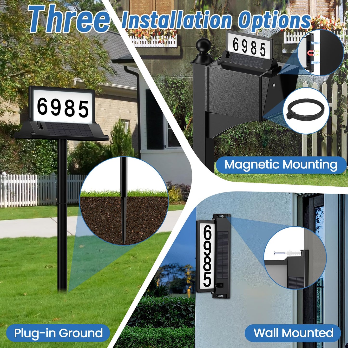 Solar Address Sign for House Numbers – Dual-Sided LED & Dual-Sided Solar Panels, 8 Color Modes, IP65 Waterproof Address Plaque, Strong Magnetic/Stake/Wall Mount, Dusk-to-Dawn for Mailbox Yard Driveway
