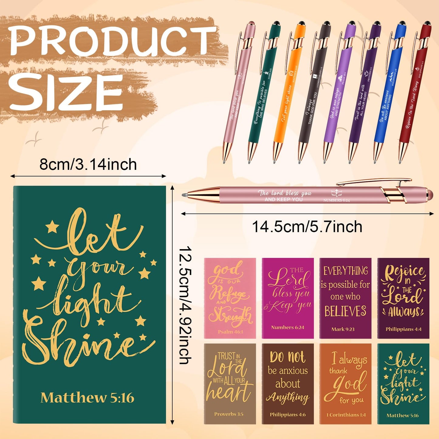 64 Pcs Christian Gift Bulk Include 16 Bible Verse Notebooks 16 Christian Pens 16 Religious Keychain and 16 Organza Bags Inspirational Bible Notepads Gift Set for Church School Supplies Easter Favor