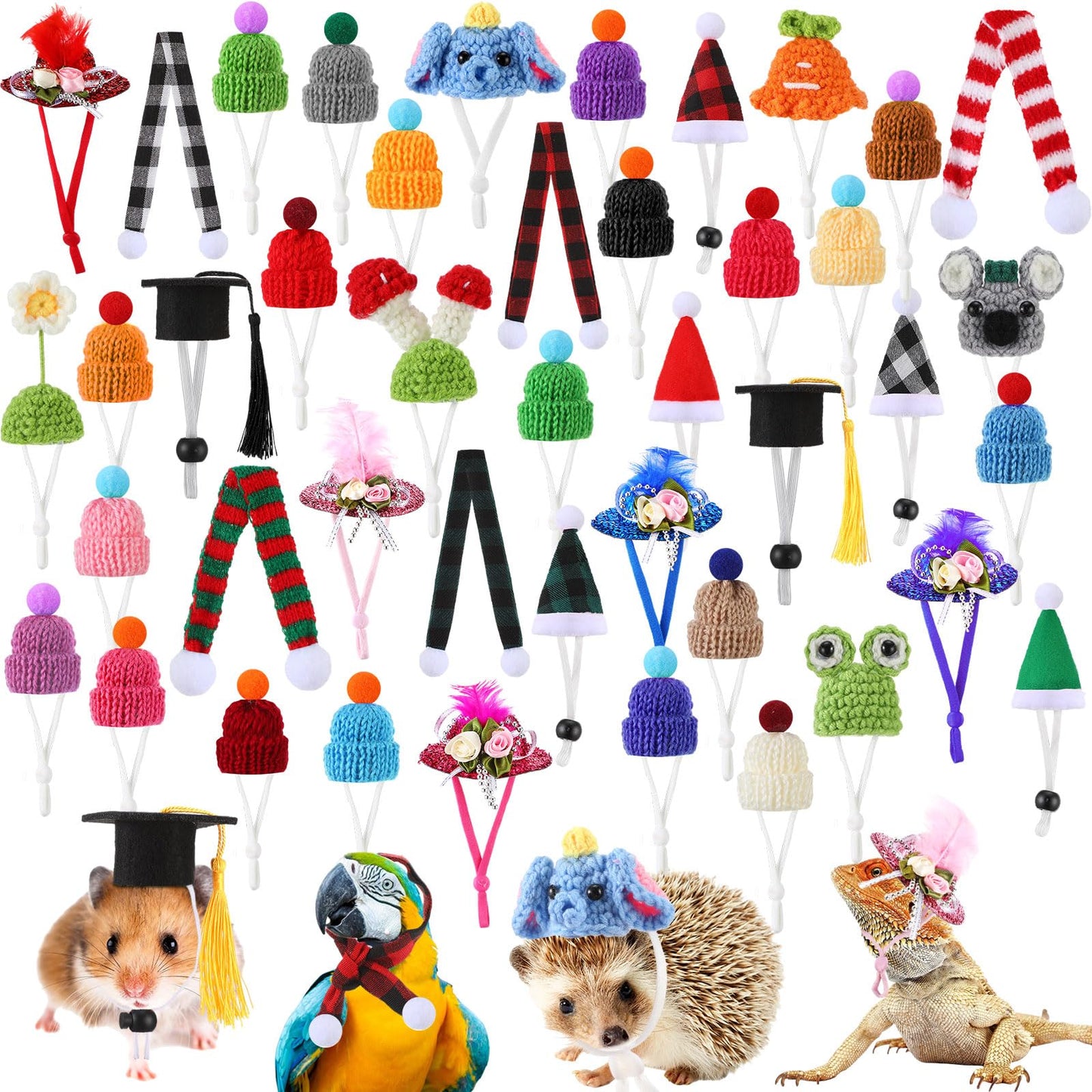 Locmeo 44 Pcs Hamster Hats with Scarf Set, Small Animal Hats Bulk Guinea Pig Costume Accessories Cute Tiny Mini Knitted Gift for Small Animals Pets Snakes Lizards Hedgehog Holiday Party