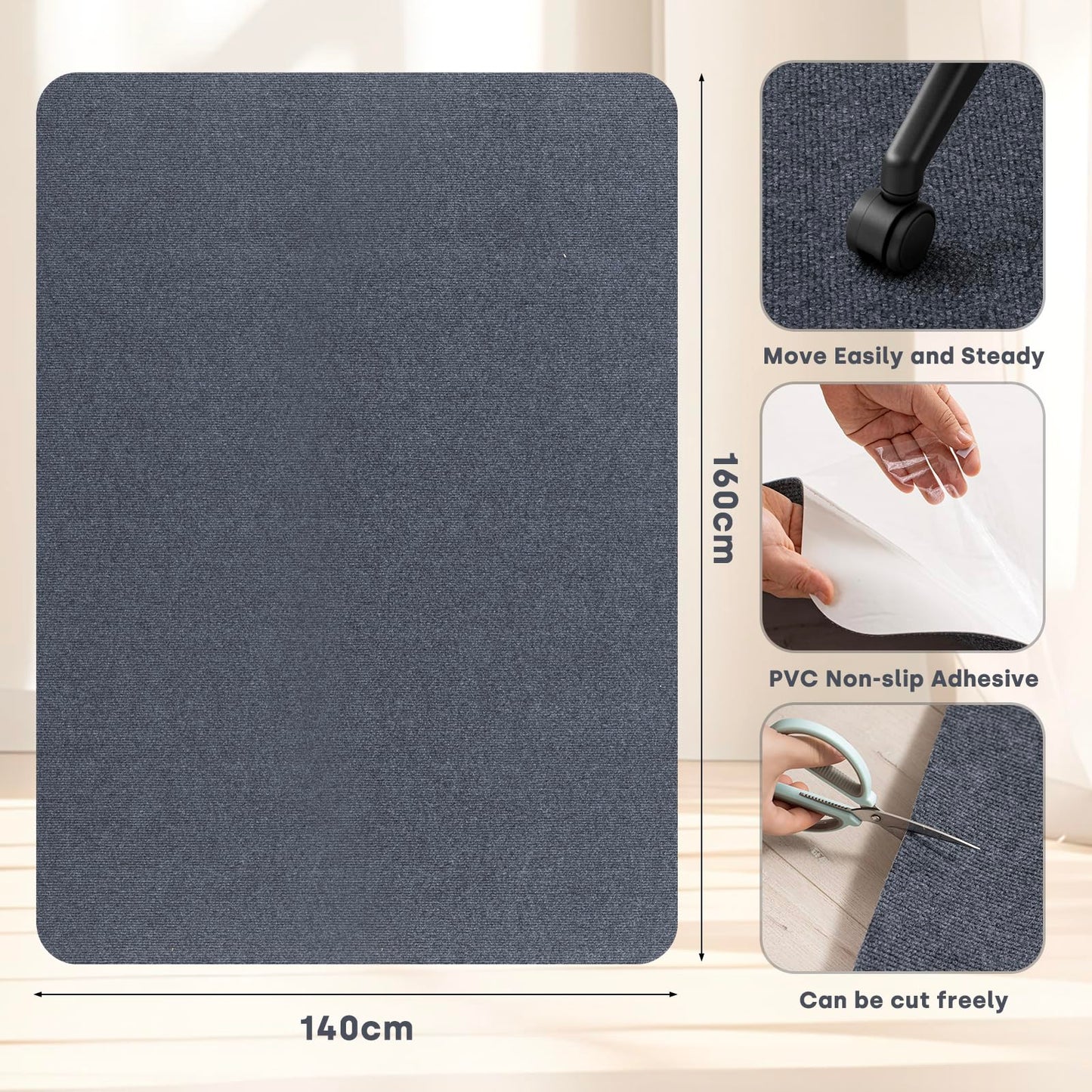 SHIEN Office & Gaming Chair Mat 140 X 160cm - PVC Carpet Floor Mat Non Slip, Desk Chair Floor Protector Rug Pad, Indoor Computer Chair Mat for Hardwood Floors & Home Office Use (Dark Grey, 140*160cm)