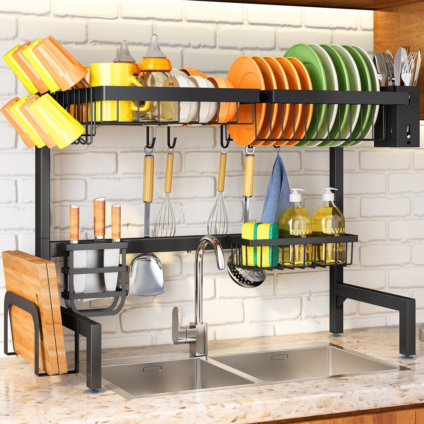 Over The Sink Dish Drying Rack, Adjustable (26.8" to 34.6") Large Dish Drying Rack for Kitchen Counter with Multiple Baskets Utensil Sponge Holder Sink Caddy, 2 Tier Black