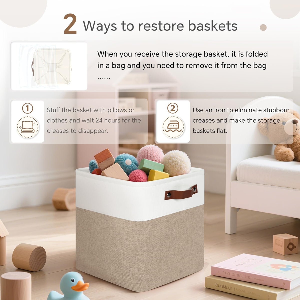 FinishingBo Cube Storage Baskets 6 Pack, 11x11 inch Foldable Cube Storage Bins with Leather Handles for Shelf Closet (White/ Khaki-6 Pack)