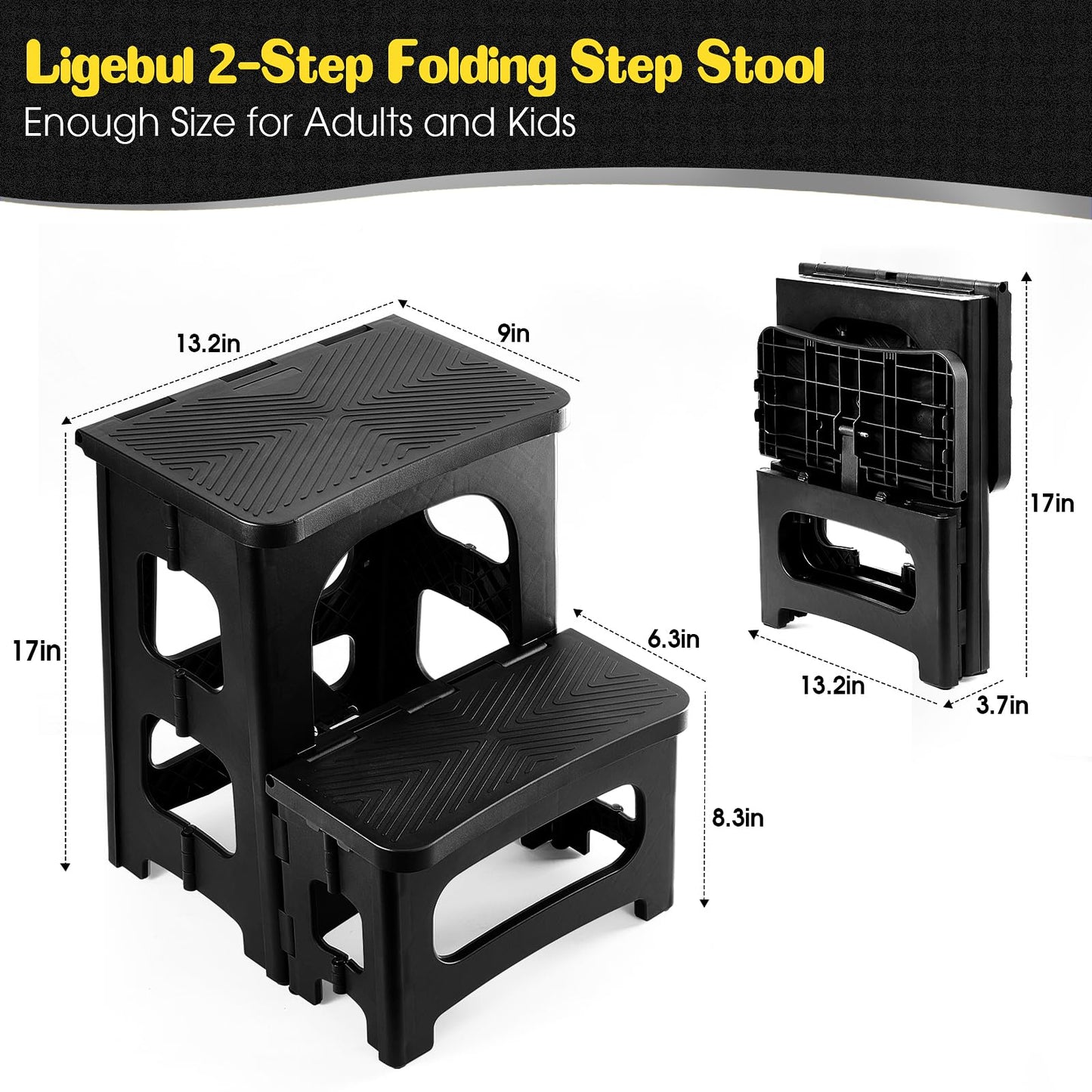 Ligebul 2-Step Stool Foldable, Plastic Steps Stool Folding Step Ladder Two Step Stools Collapsible Step Stools for Adults for Kitchen Home Bathroom RV-Black