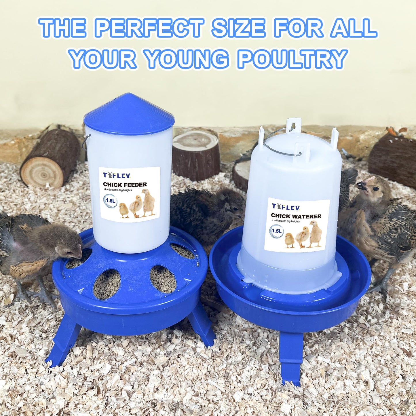 Tiflev Top Filling Chicks Feeder and Waterer Set with Scoop, 1.5L Chick Feeder and 1.5L Chick Waterer with 3 Heights Adjustable Legs for Chicks