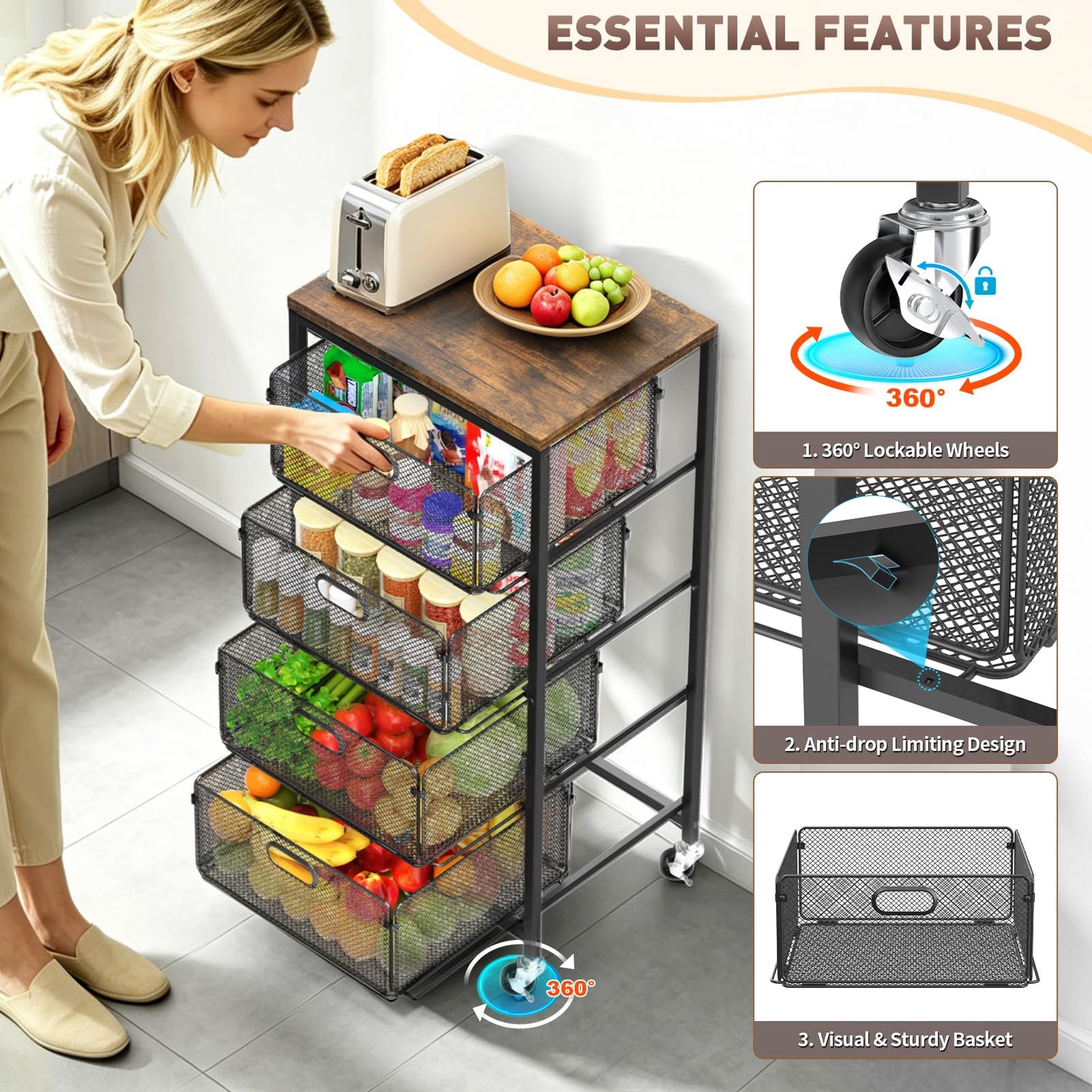 SUNALLY Rolling Storage Cart with Drawers, 4-Tier Utility Cart Snack Organizer with Lockable Wheels Metal Kitchen Storage Drawer Cart on Wheels with Wooden Top for Art Craft Bathroom Bedside, Black