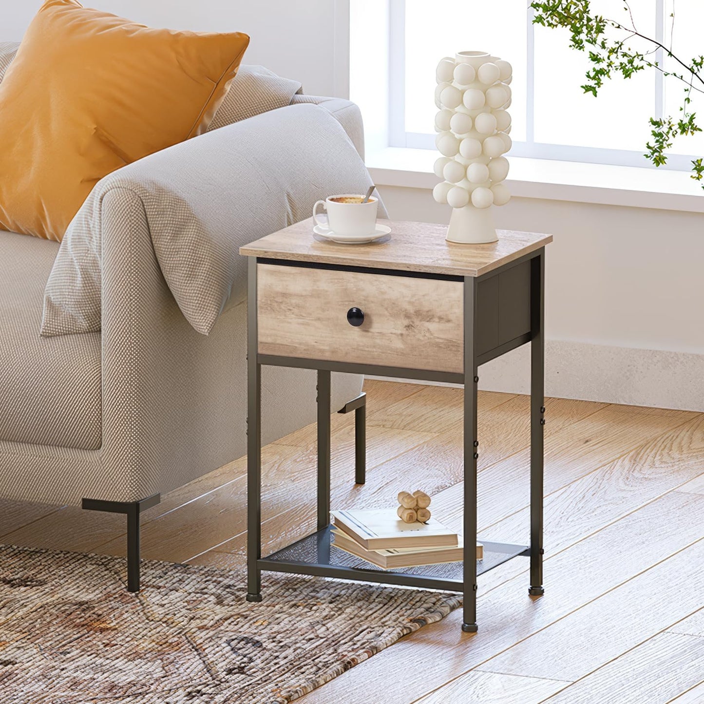 AMHANCIBLE Night Stand Set 2, Bedside Table with Fabric Drawer, Industrial End Tables Living Room with Storage Shelf, Slim Nightstand for Bedroom, Small Spaces, Grey, HET03SDGY