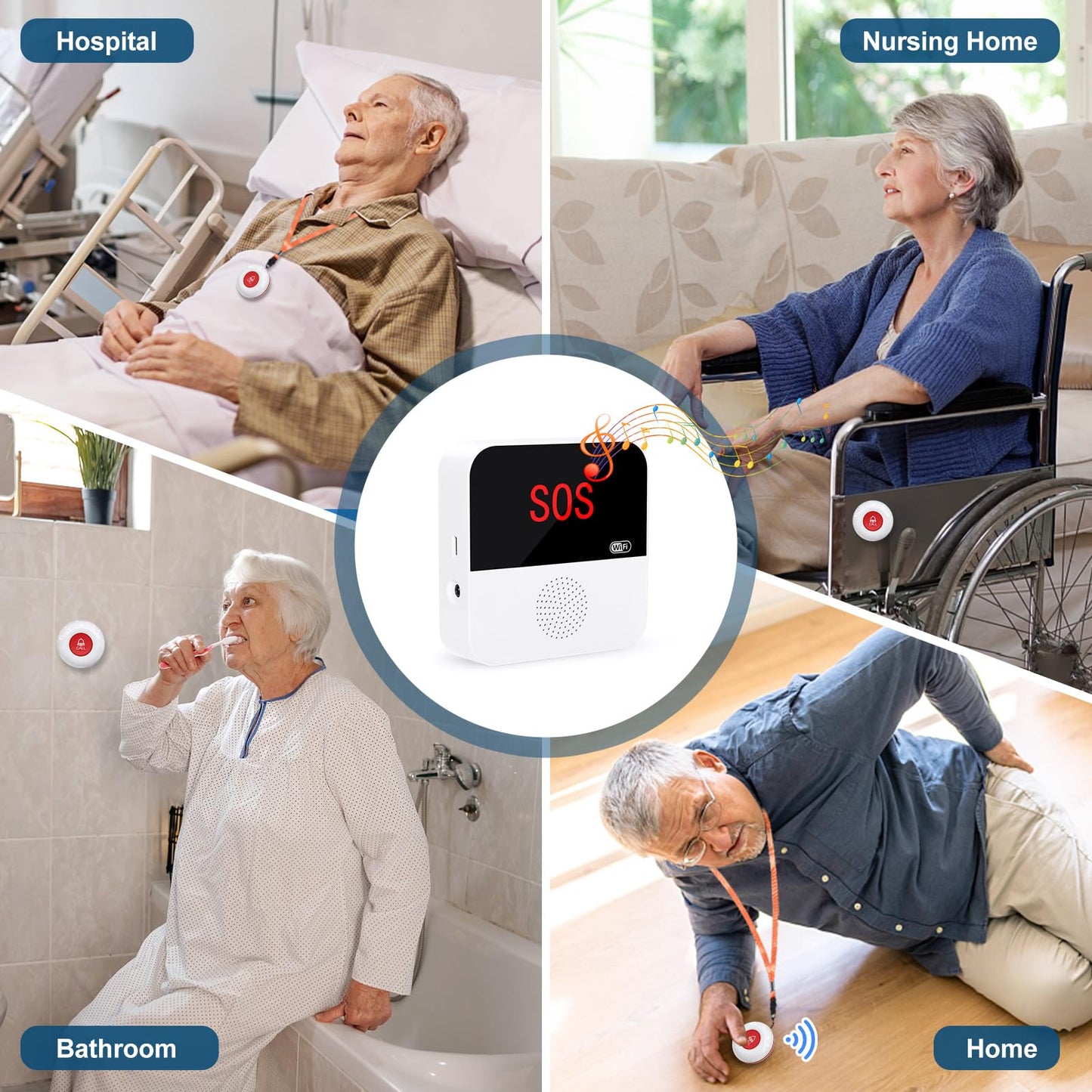 Daytech WiFi Smart Caregiver Pager Call Button Alarm System for Seniors Wireless S0S Emergency Buttons Calling Alert System, 2 Transmitters 1 Receiver(only Supports 2.4GHz Wi-Fi)