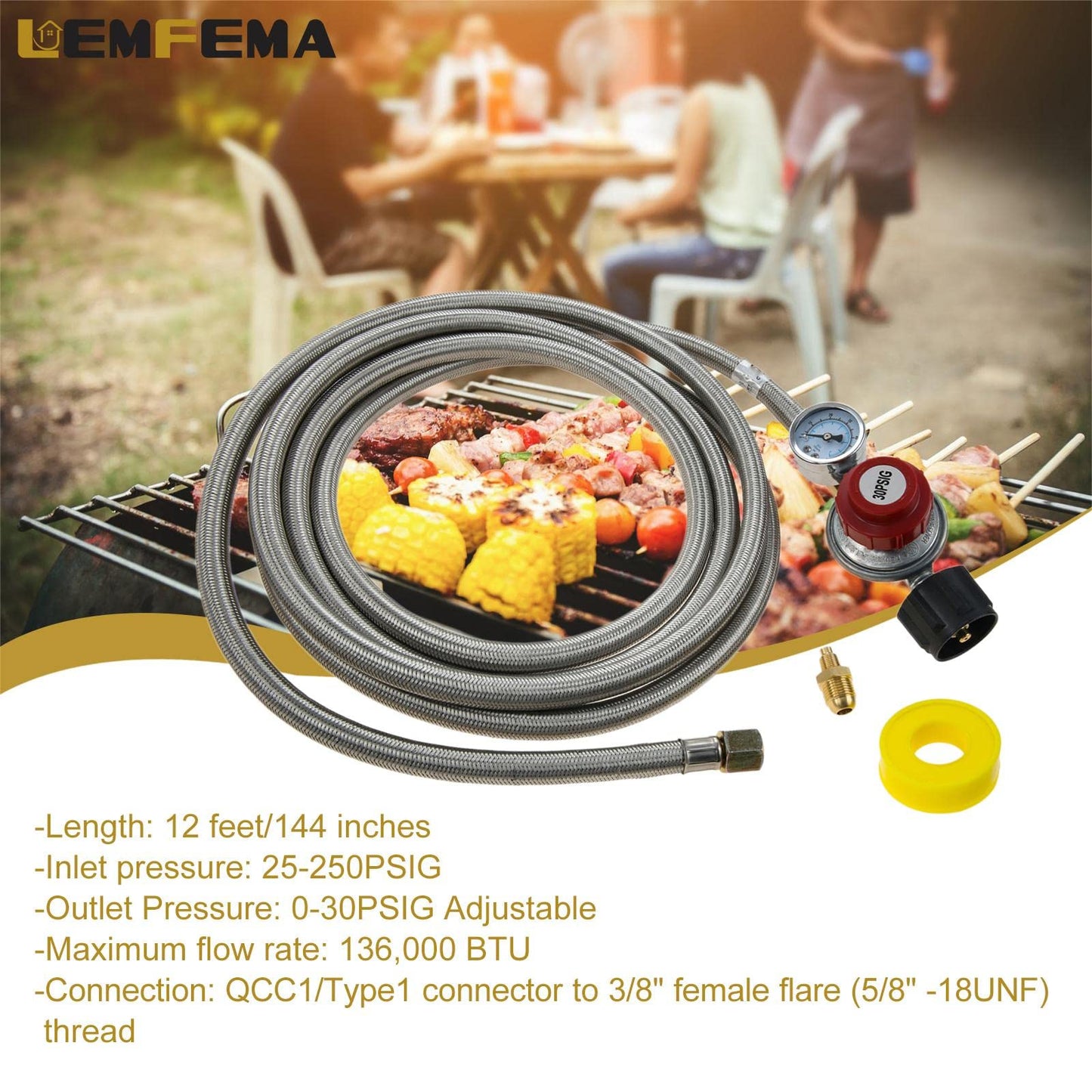 12Ft 0-30PSI High Pressure Adjustable Propane Regulator with Gauge, Stainless Steel Braided Hose Fit for Grill, Burner, Cooker, Turkey Fryer, Propane Heater, Fire Pit, QCC1 x 3/8" Female Flare Fitting