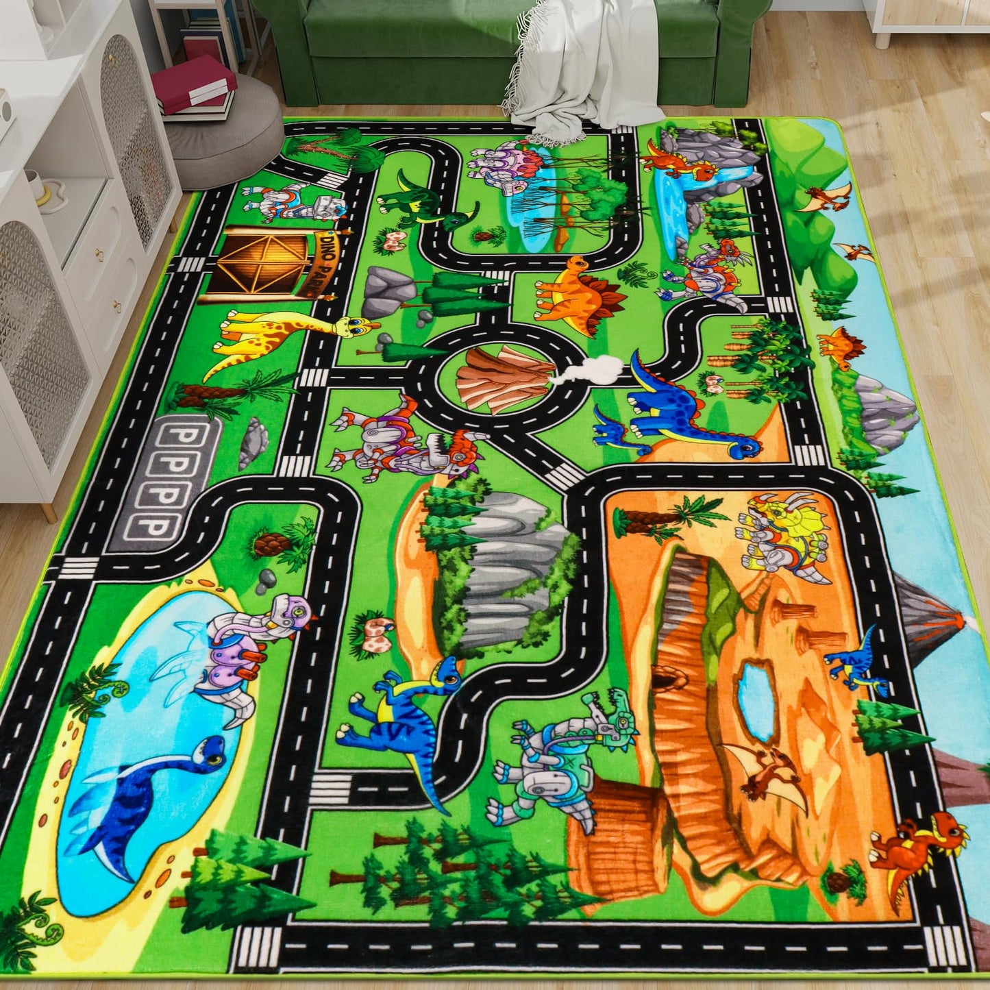 DINSUMRUG Kids Rugs for Playroom 200×150CM Dinosaur Car Play Mat Robot Dinosaur Park Road Educational Dino Road Rug for Toy Car Jurassic Themed Play Carpet for Kids, Toddlers, Nursery, Classroom