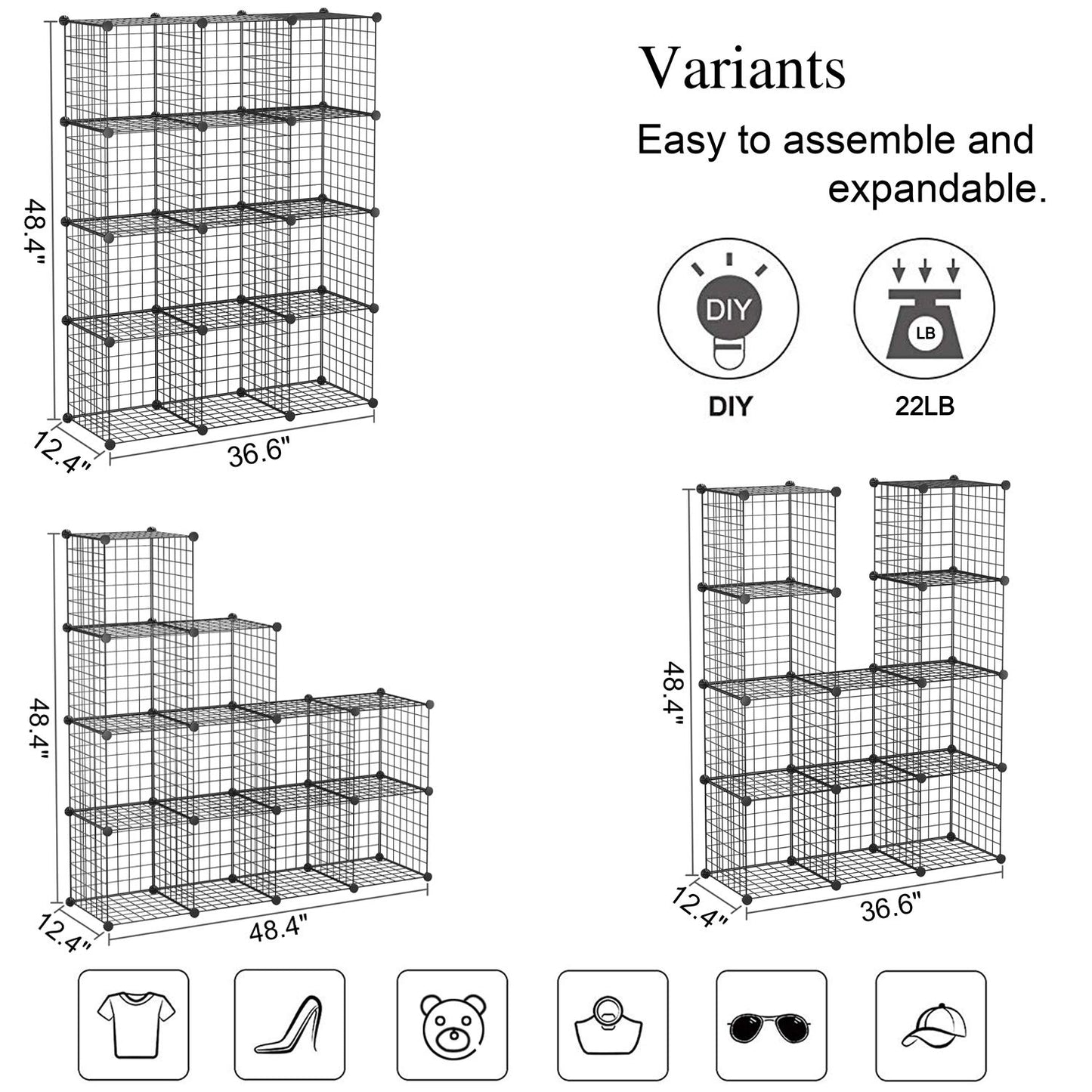C&AHOME Wire Cube Storage, 12-Cube Storage Organizer, Metal Stackable Storage Bins, Modular Bookcase, DIY Closet Cabinet Ideal for Living Room Bedroom, Home, Office 36.6”L x 12.4”W x 48.4”H Black