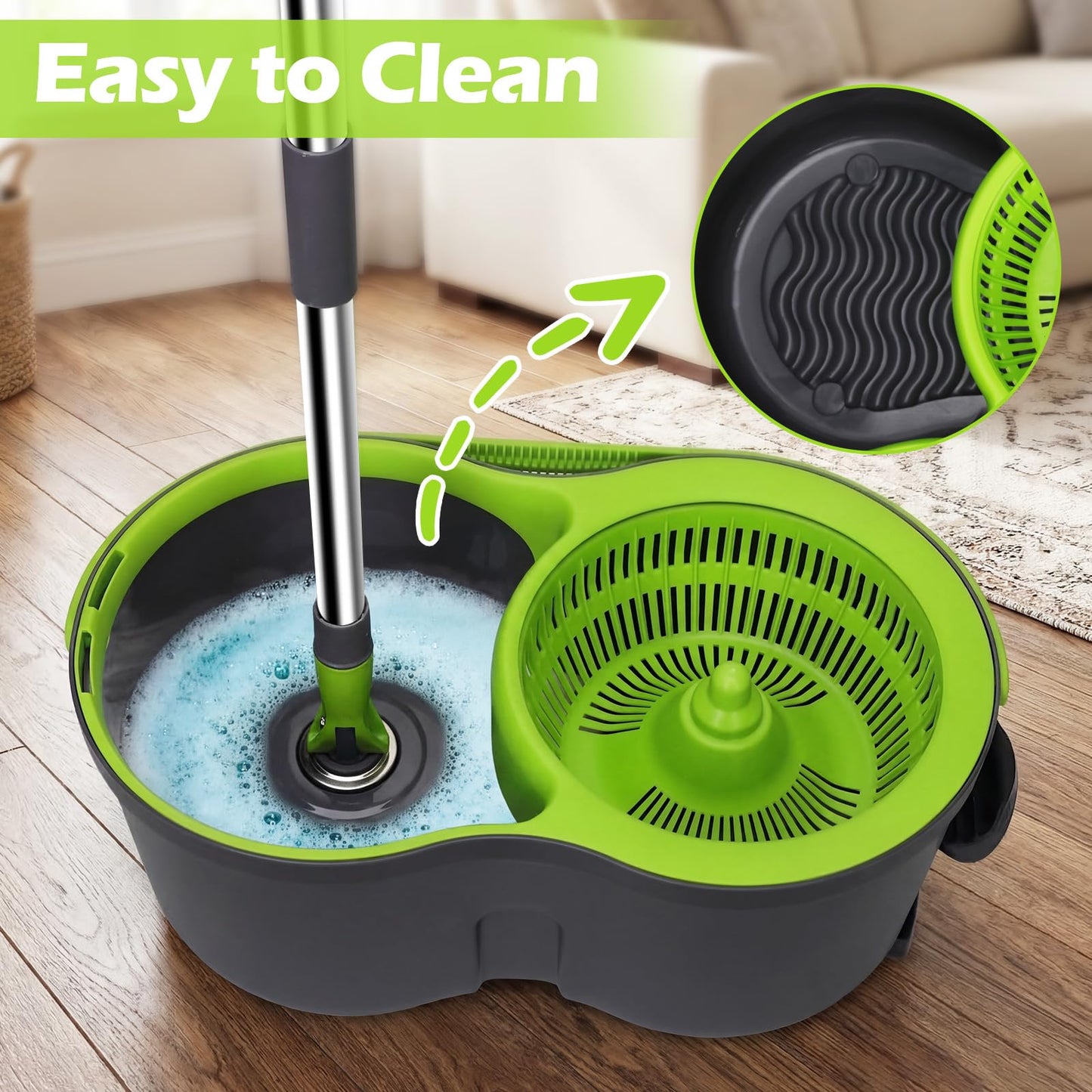 Almcmy Spin Mop and Bucket Set, Mop Bucket with Foot Pedal Wringer System, 3 Reusable Mop Refills, 130cm Long Handle, Easy Wring Magic Mop Floor Cleaning System, Green