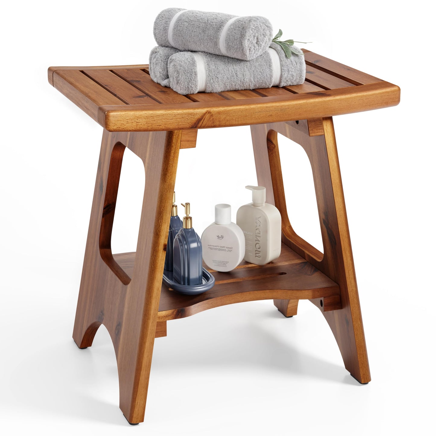 HOLANA Acacia Shower Bench for Inside Shower - Wooden Shower Stool Benches Waterproof for Shaving Legs - Bench Seat with Storage Towel Shelf for Bathroom - Tub Bench Chair Spa Bath (Acacia Wood)