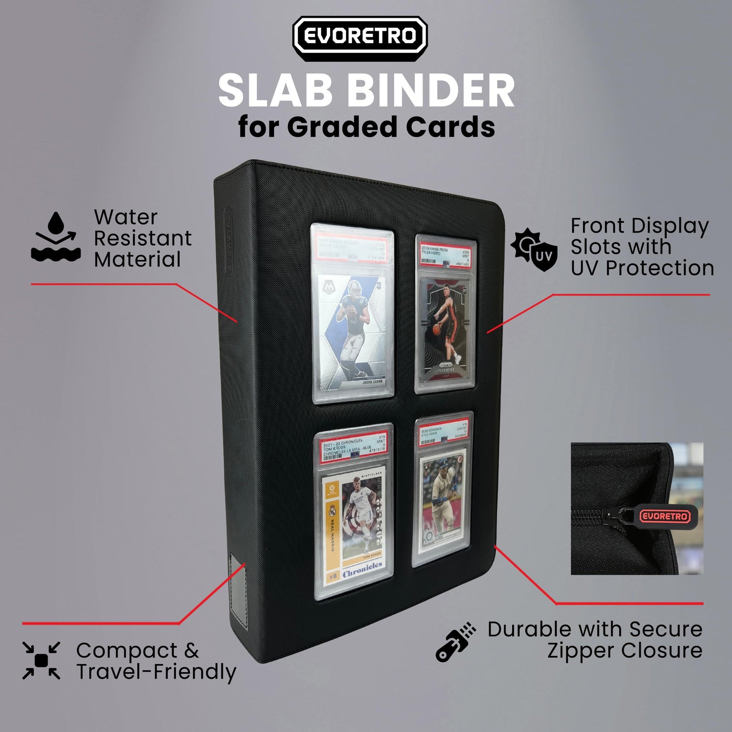 EVORETRO Graded Card Storage Binder – Diamond PU Leather Binder Fits 36 PSA, CGC Slabs, Card Graded Organizer with Zipper Closure for Collectible Protection & Display