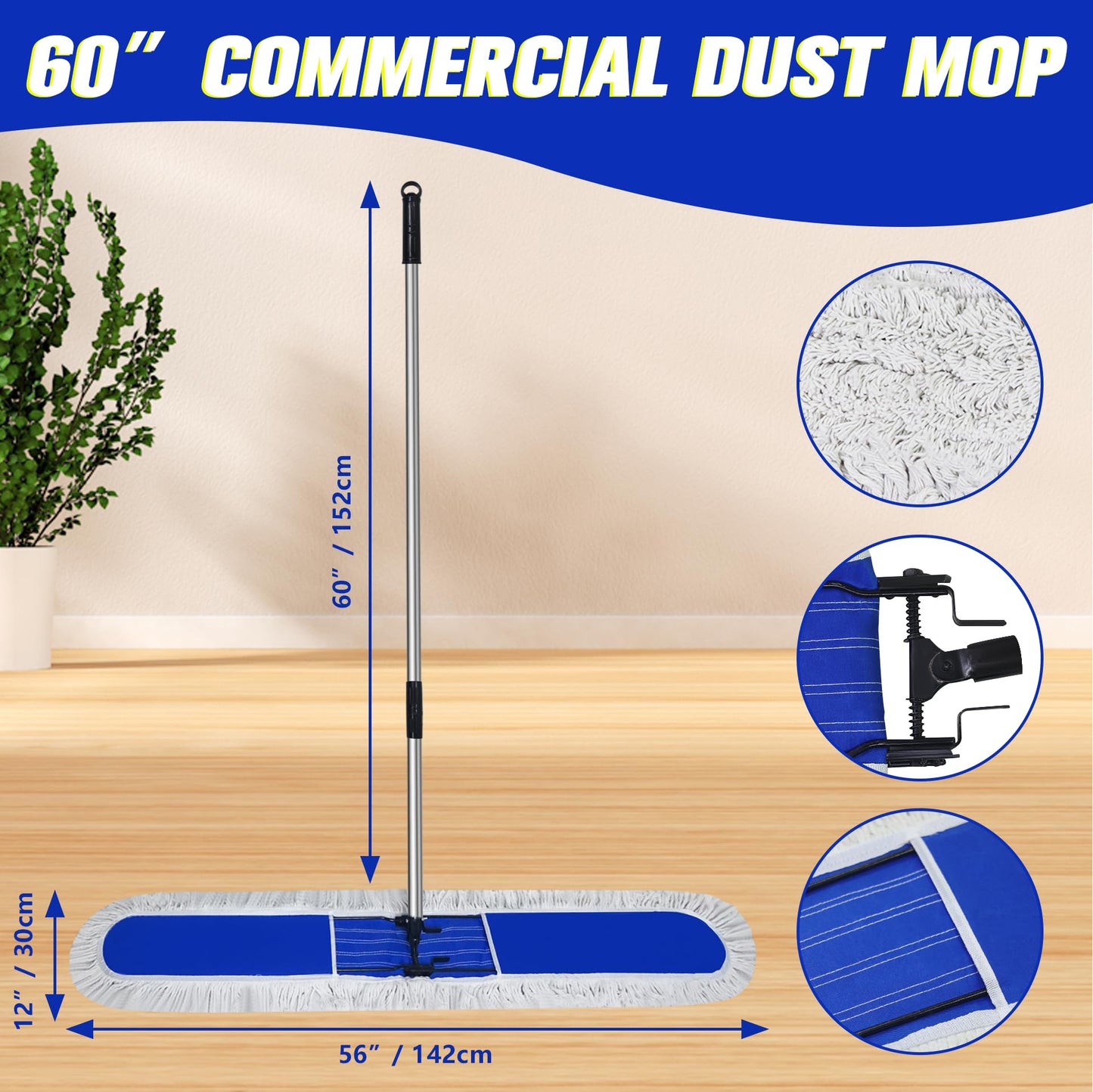 Solipect 48 inch Commercial Dust Mop for Hardwood Floors, Large Size Dry Mop, Reusable Cotton Yarn Head, Telescopic Stainless Steel Handle, Industrial dust mops for Floor Cleaning, Marble, Blue