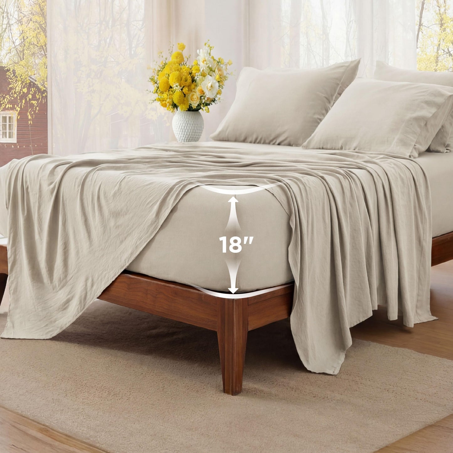 Bedsure Linen Deep Pocket Queen Bed Sheets Set - 6 Pieces Prewashed Ultra-Soft Bed Sheets for Queen Bed, Fits Mattresses Up to 18 Inches Thick, Breathable & Secure Fit, Hotel Luxury Bedding