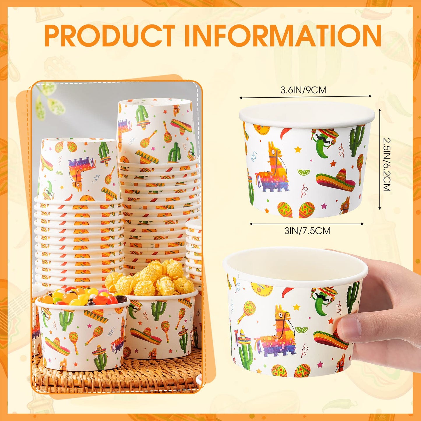 Sabary 60 Pieces Fiesta Ice Cream Cups 9 oz Disposable Dessert Bowls Paper Soup Bowls Mexican Snack Cups for Hot or Cold Food for Cinco De Mayo Mexican Birthday Party Decorations(Cactus)