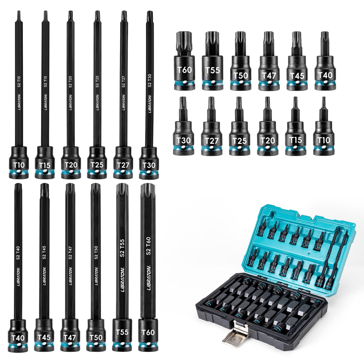LIBRATON 3/8" Drive Impact Torx Bit Socket Set, Extra Long Torx Socket, S2 Alloy Steel Star Bit Sockets, 24PCS Torx Bit Set, Impact Torx Bit Set, T10-T60, 2in&6in Long Torx Bit Set, Blow Molded Box
