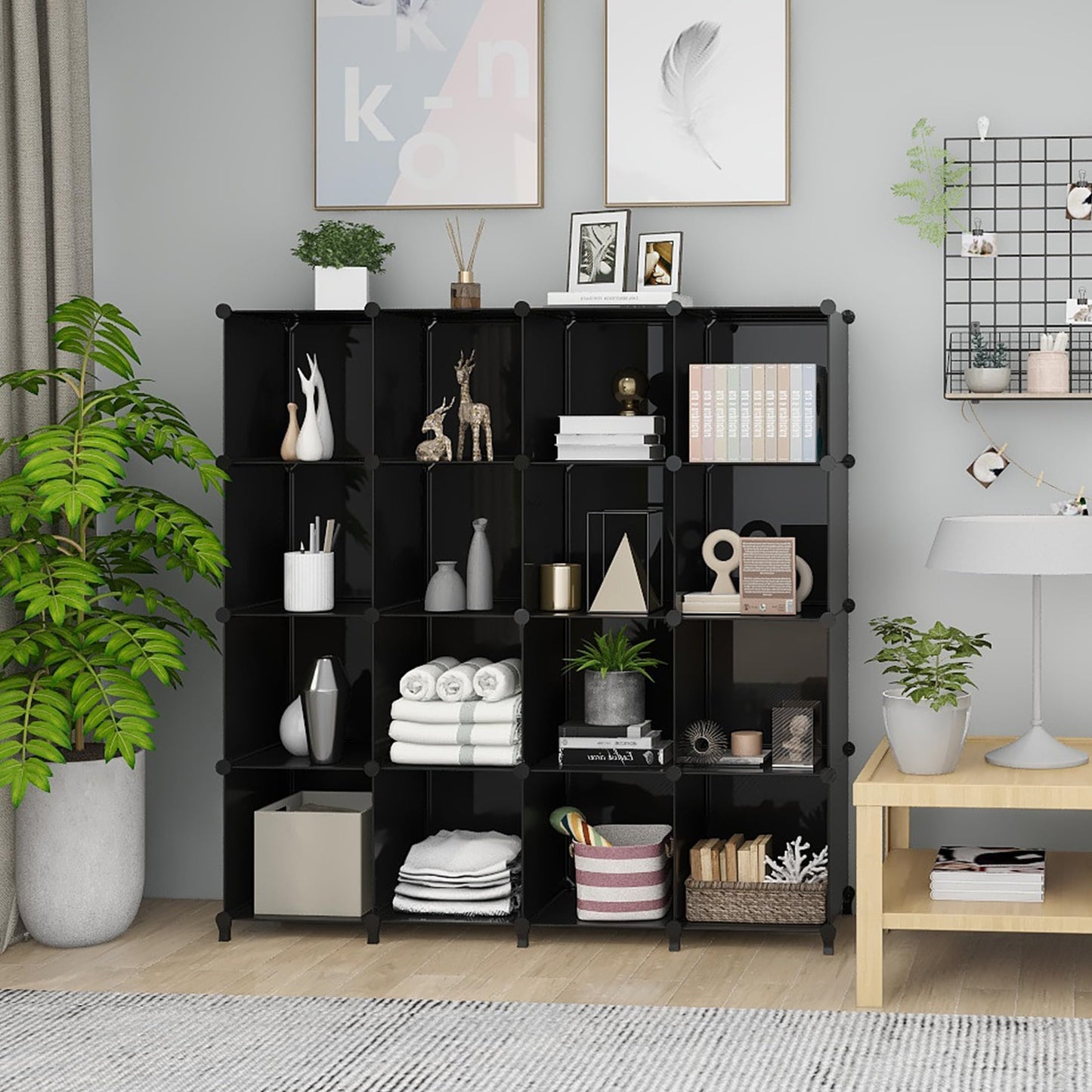 Lxvckly Cube Storage Organizer, DIY Portable 16-Cube Closet Clothes Organizer and Storage Shelving, Modular Home Office Shelves Units for Living Room, Bedroom, Bathroom, Closet Black
