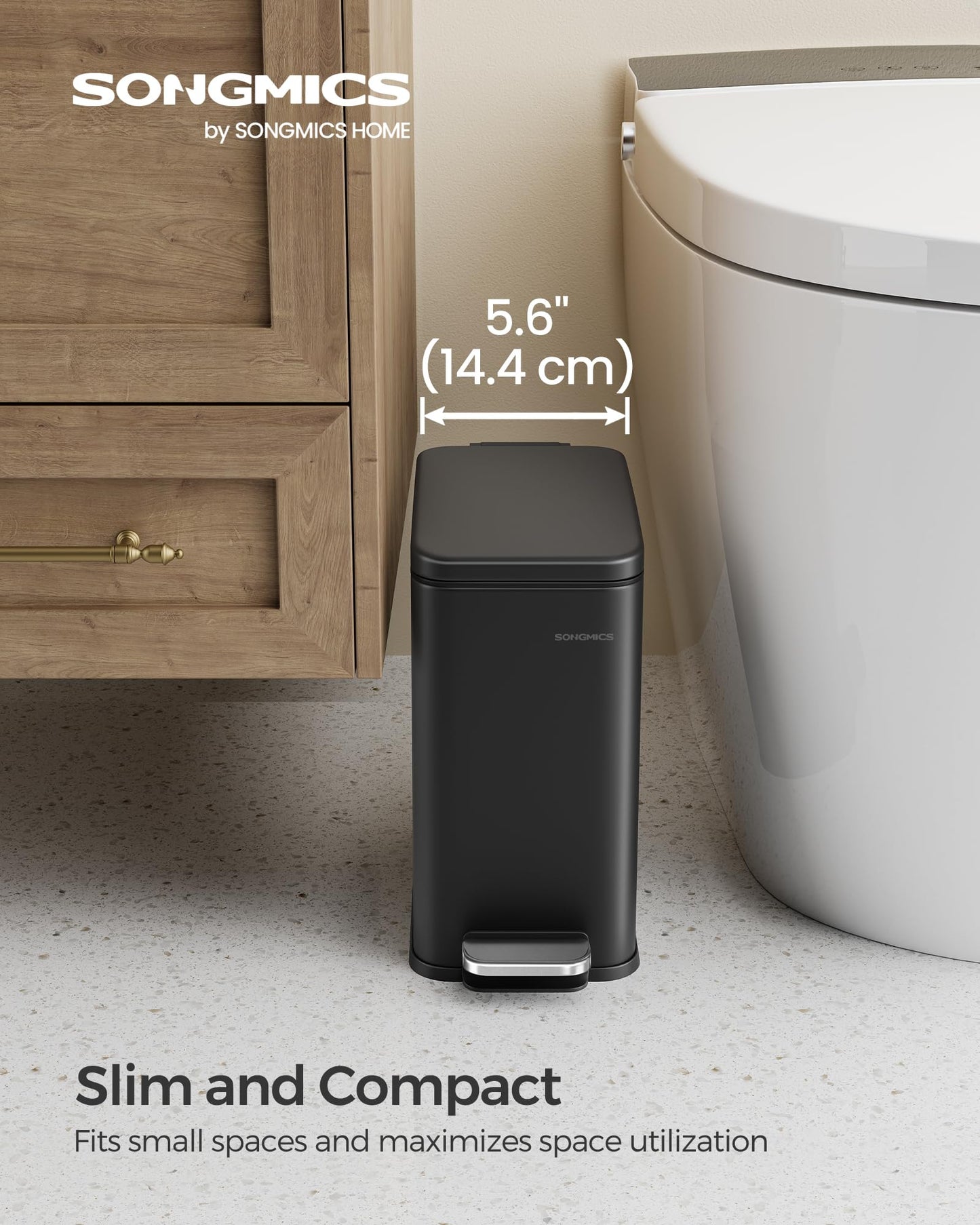 SONGMICS Bathroom Trash Can, Small Trash Bin with Lid, Slim for Small Spaces, Stainless Steel Garbage Can, Soft Close, 1.3 Gallon (5 L) Black ULTB560B05