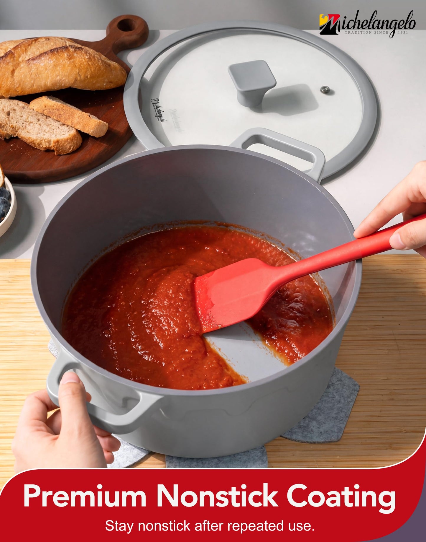 MICHELANGELO Ceramic Stock Pot with Lid - Nonstick Soup Pot for Induction Cooktop, 8-Quart Non Stick Cooking Pots with Silicone Handle Covers & Pot-Holder, Grey