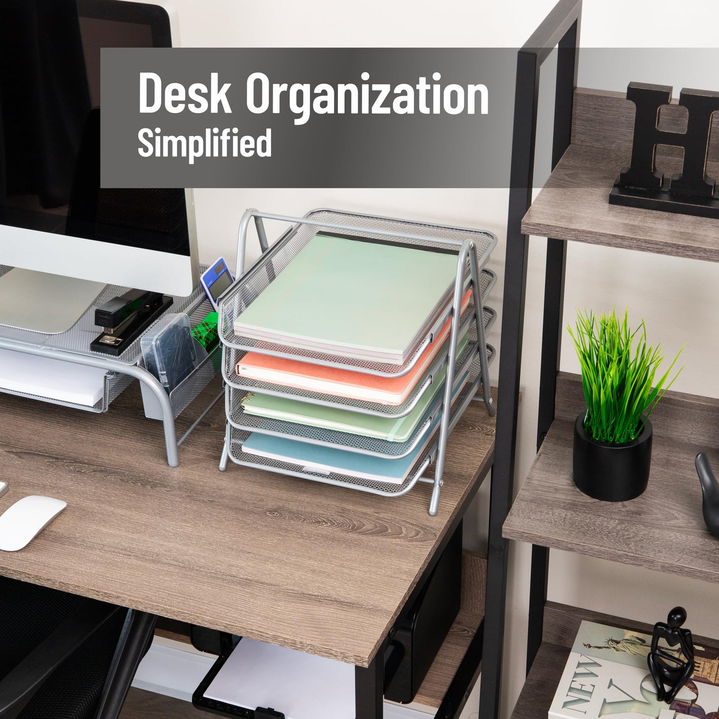 Mind Reader 4-Tier Paper Tray Organizer, Desktop File Sorter with Handle, Document Storage, Slide-Out Trays, Metal Mesh, Silver