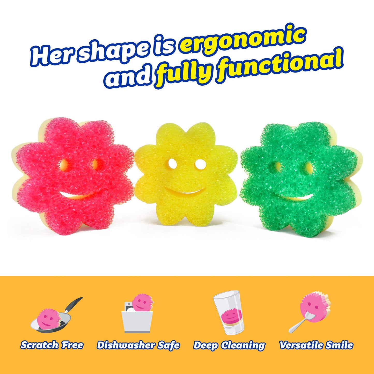 Scrub Daddy Sponge Set - Scrub Mommy Power Flower Dual- Sided Sponge and Scrubber - Non Scratch Sponge for Dishes and Home, Odor Resistant, Firm in Cold Water Soft in Warm , Multi-Surface 3 ct