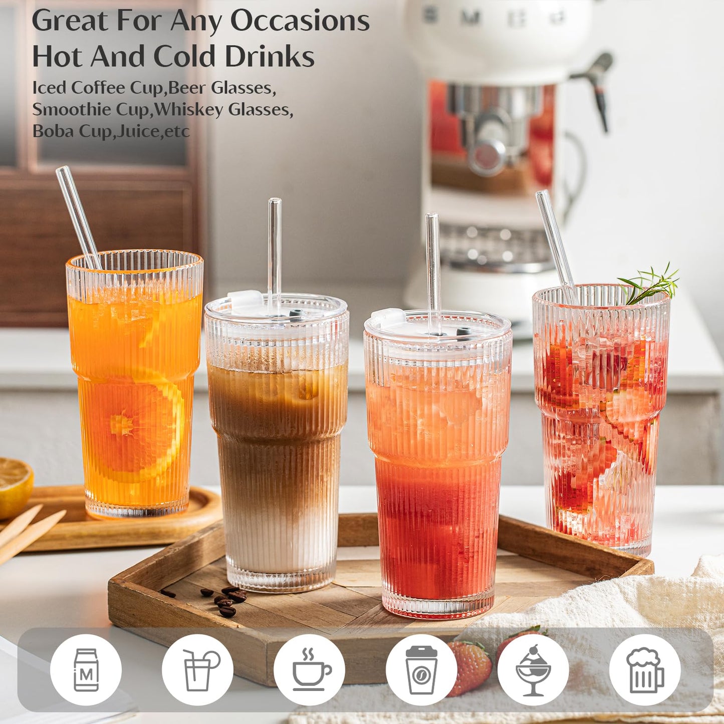 INSETLAN 20 oz Ribbed Glass Tumblers with Lids and Glass Straws – 4-Piece Glassware Set, Heavy-Duty Tumblers, Ideal for Iced Coffee, Smoothies, Cocktails, and Juices – Elegant and Durable Drinkware