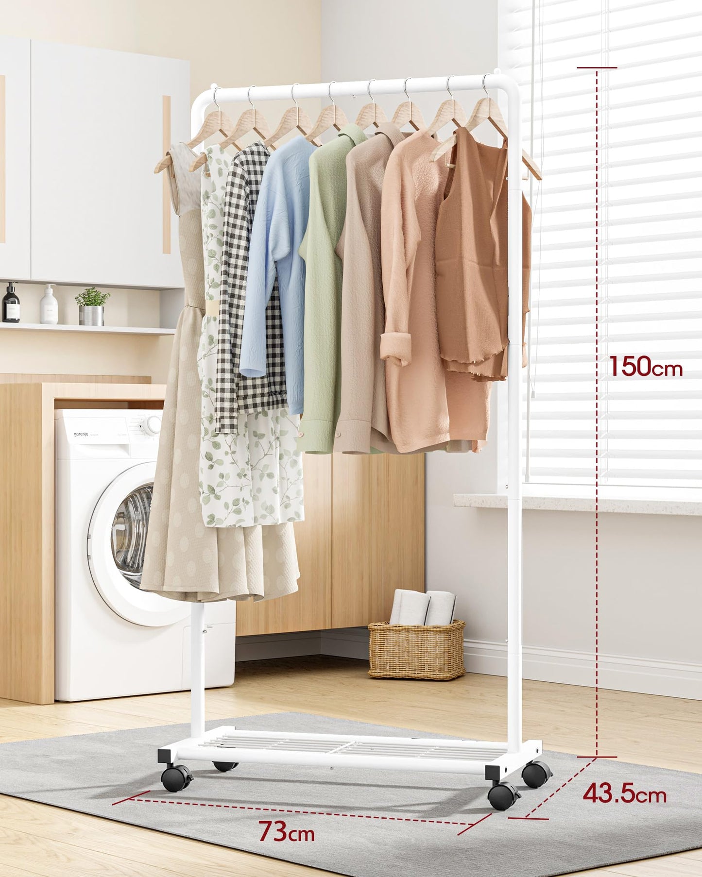 Sakugi Clothing Rack - Movable Multi-Functional Coat Rack with 4 Universal Wheels, Long-Lasting Metal Clothes Rack with Extra Storage Shelf for Bedroom, Office, Laundry(White, 73W x 43.5D x 150H cm)
