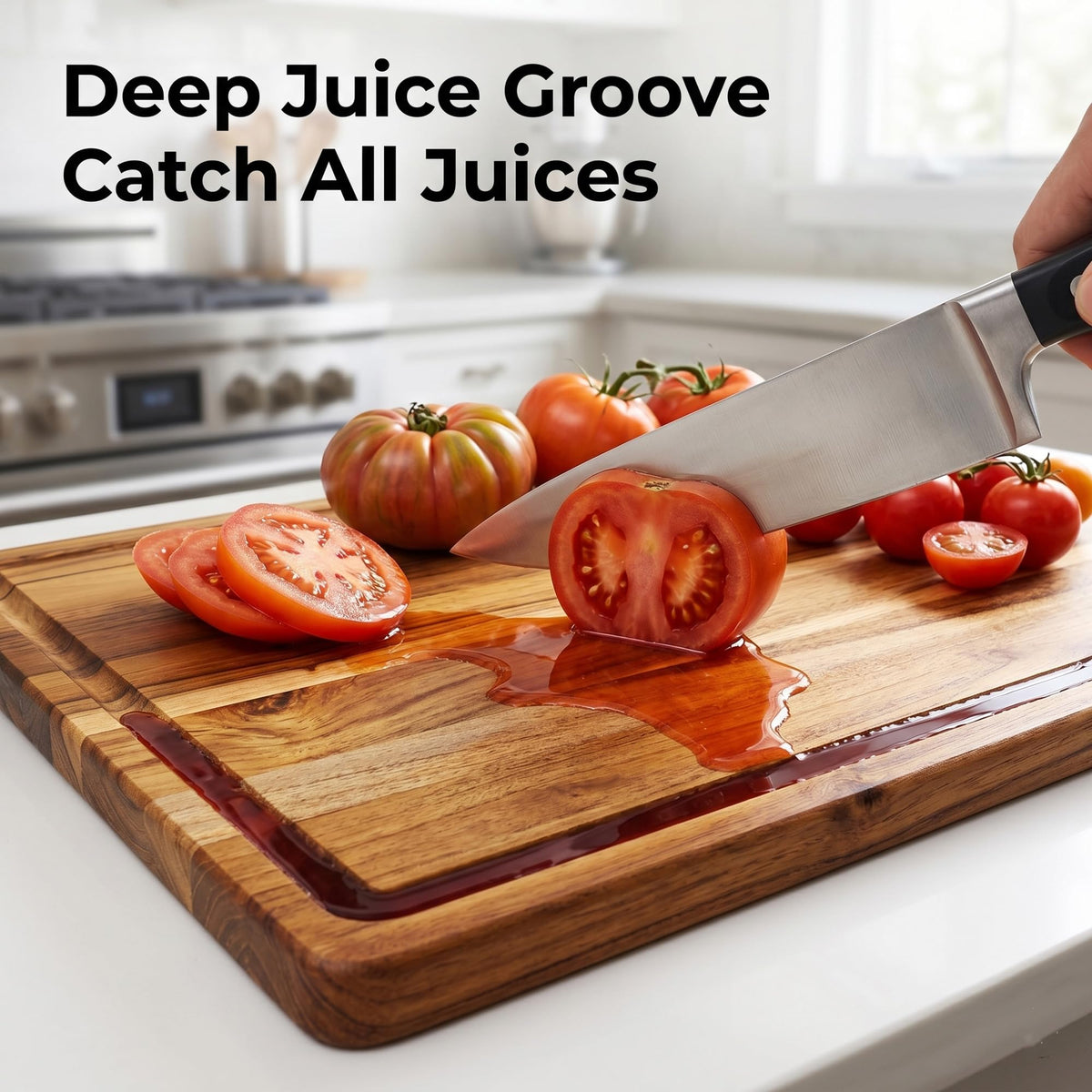 3 Pcs Teak Wood Cutting Board Set with Holder, Reversible Chopping Boards with Deep Juice Groove
