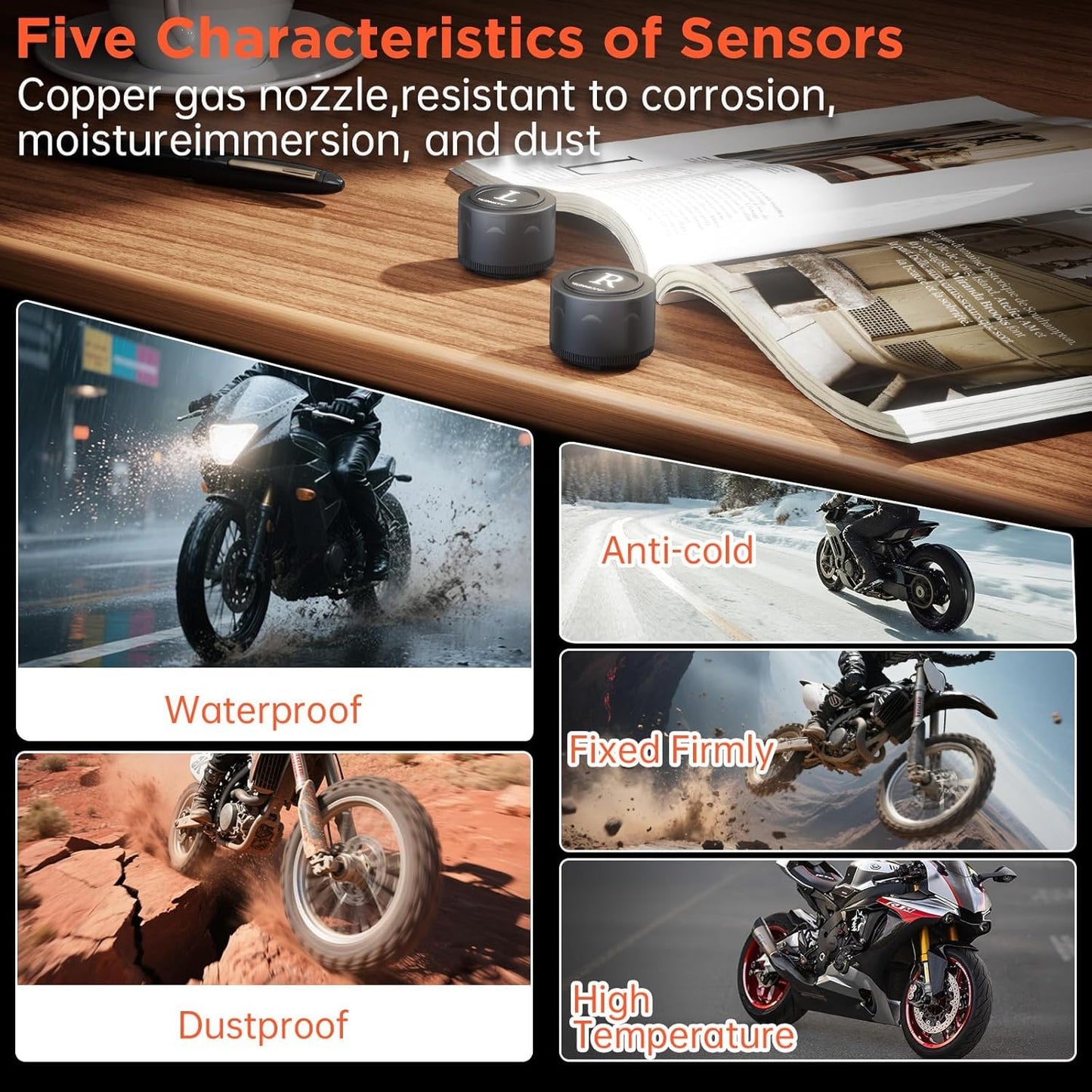 OBEST Motorcycle Tire Pressure Monitoring System, Tire Pressure and Temperature Alarm, Motorcycle TPMS with 2 External Sensors, Support iOS and Android