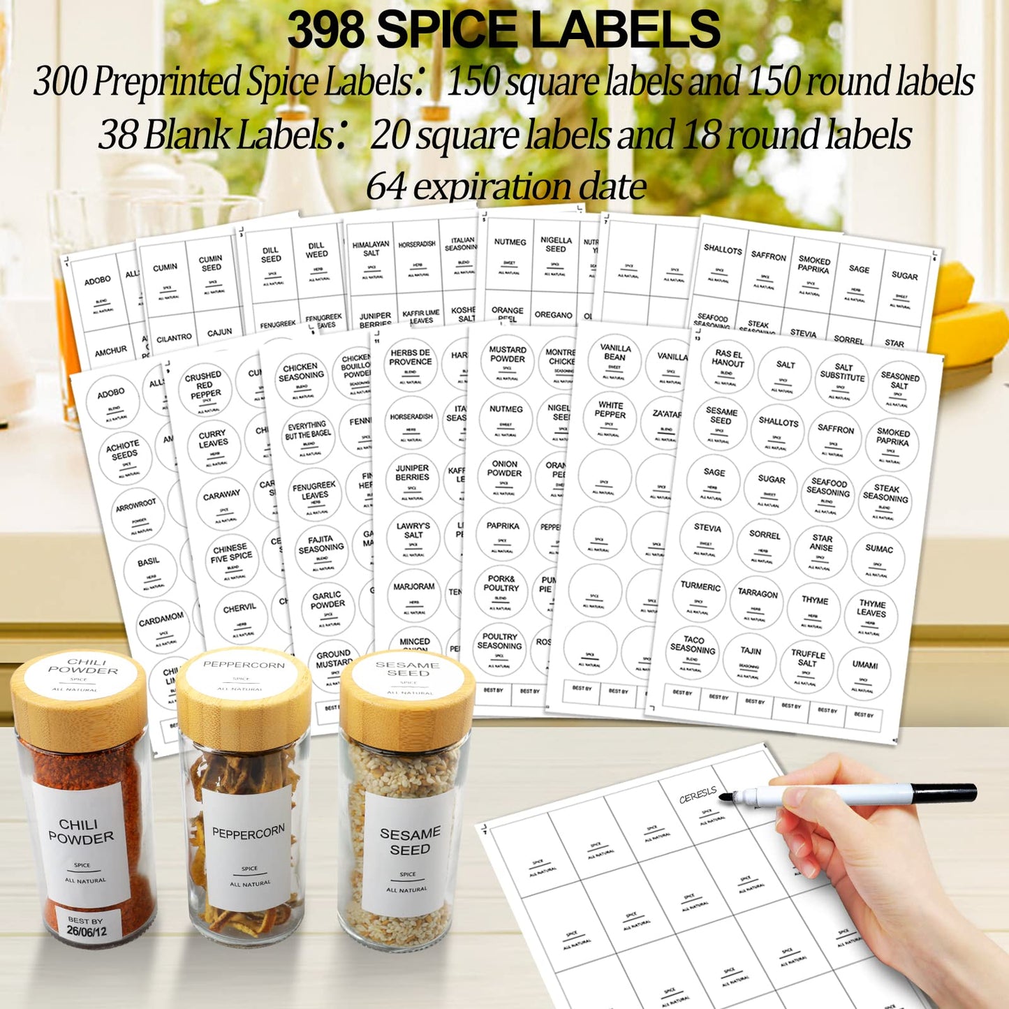 AISIPRIN 24 Pcs Glass Spice Jars with Bamboo Airtight Lids and 398 Labels, 4oz Empty Round Containers Seasoning Storage Bottles - Shaker Lids, Funnel, Brush and Marker Included