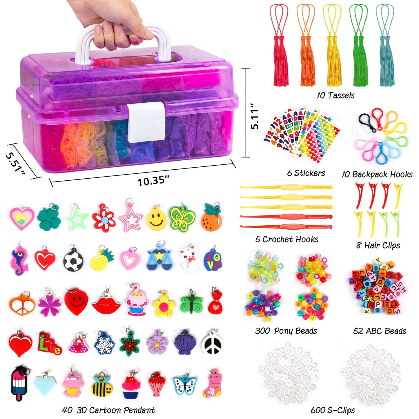 INSCRAFT 17500+ Rubber Loom Bands with 3 Layer Purple Container, 28 Colors, 600 S-Clips, 352 Beads, 40 Cartoon Pendant, Bracelet Making Refill Kit for Kids
