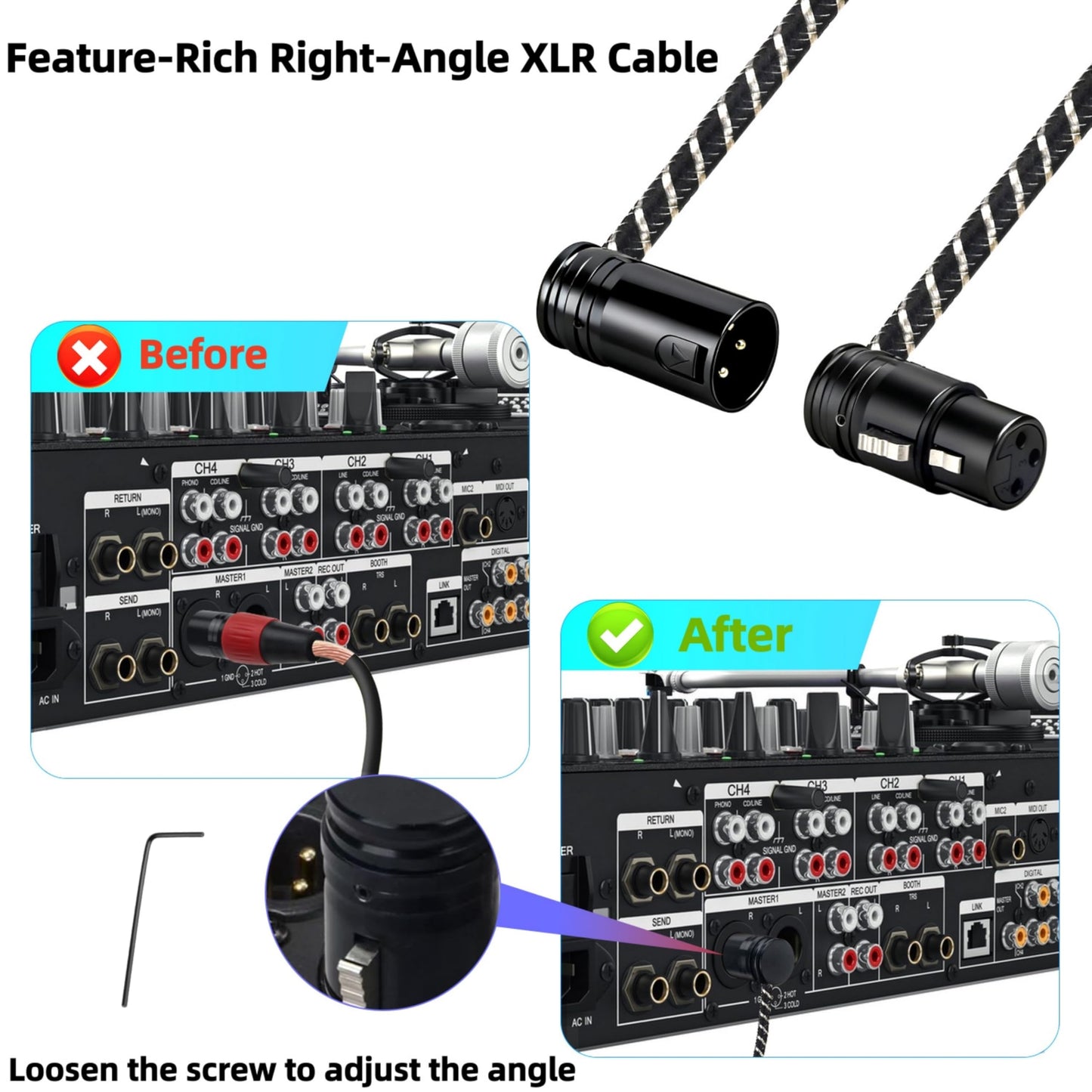 NCGGY Right Angle XLR Cable,Short XLR Microphone Cable,Adjustable-Angle Low-Profile XL R Microphone Adapter Connector for Powered Speakers,Recording Devices 1FT 2-Pack