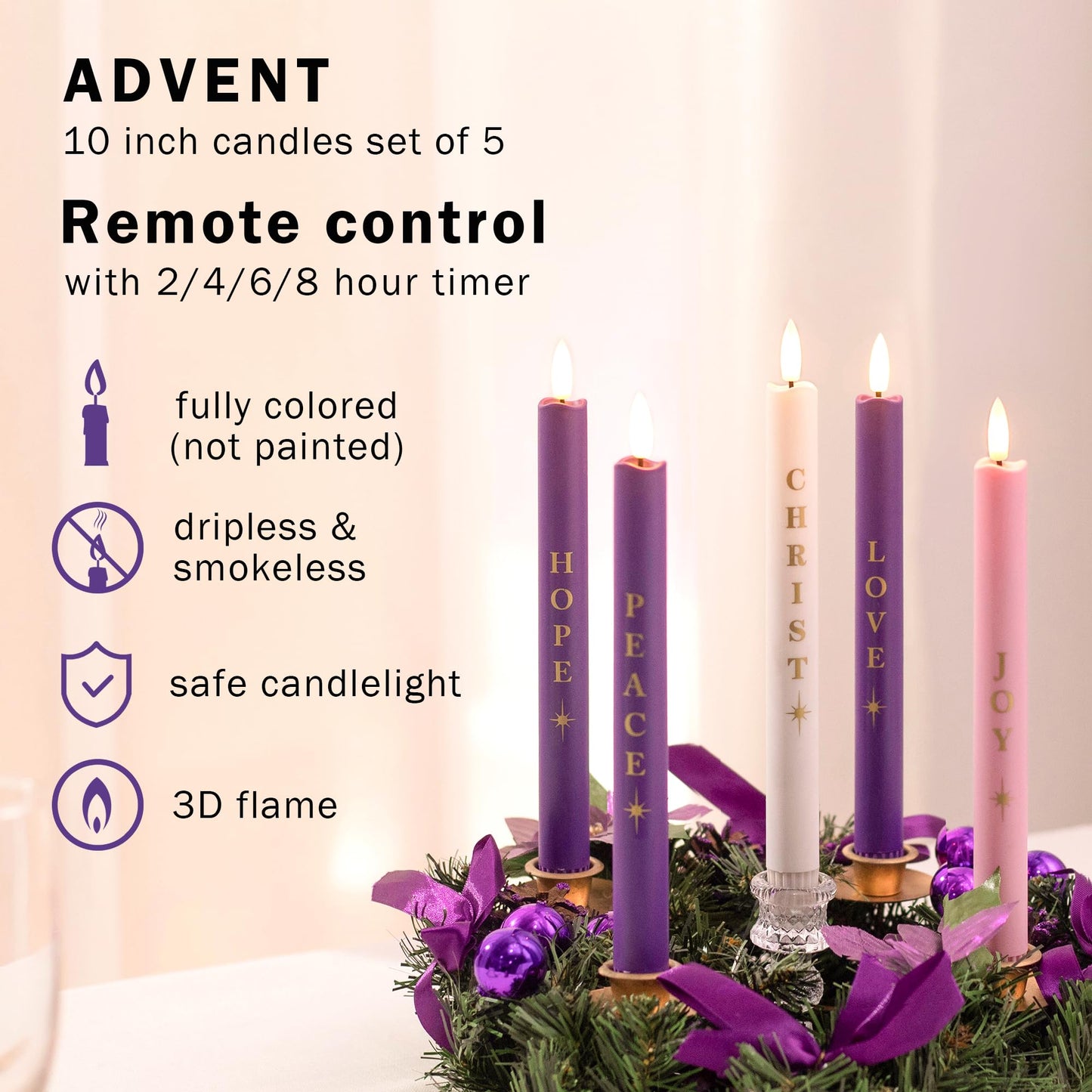 Stmarry Flameless Advent Candles Battery Operated, Advent Candles Set of 5, 10 Inch Tall, Realistic 3D Flames and Remote Control, Electric LED Candle Set for Advent Wreath