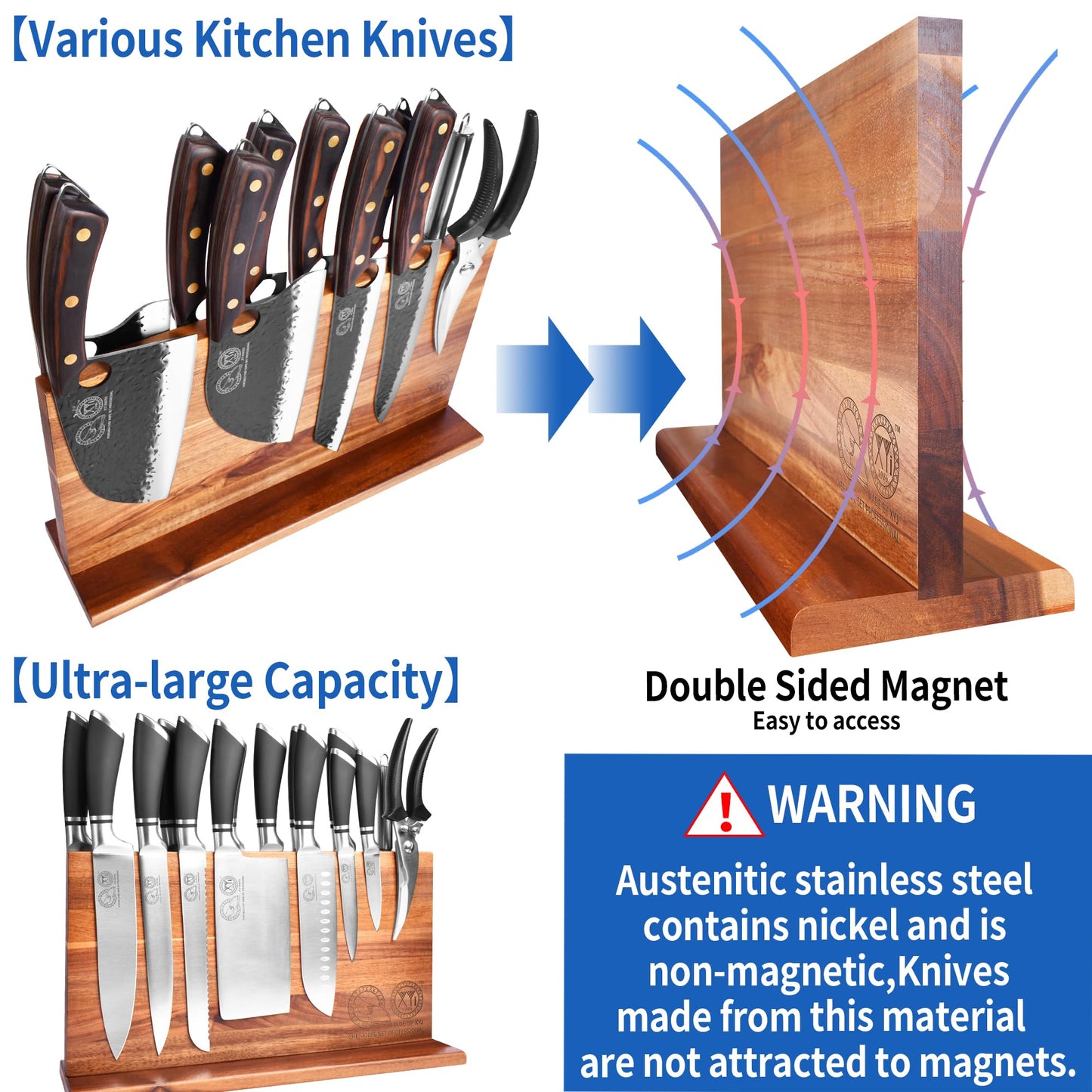 XYJ Magnetic Knife Block for Stainless Steel Knives,Scissors,Natural Wooden Holders Double Side Knife Storage Organizer Kitchen Cutlery Knife Stand