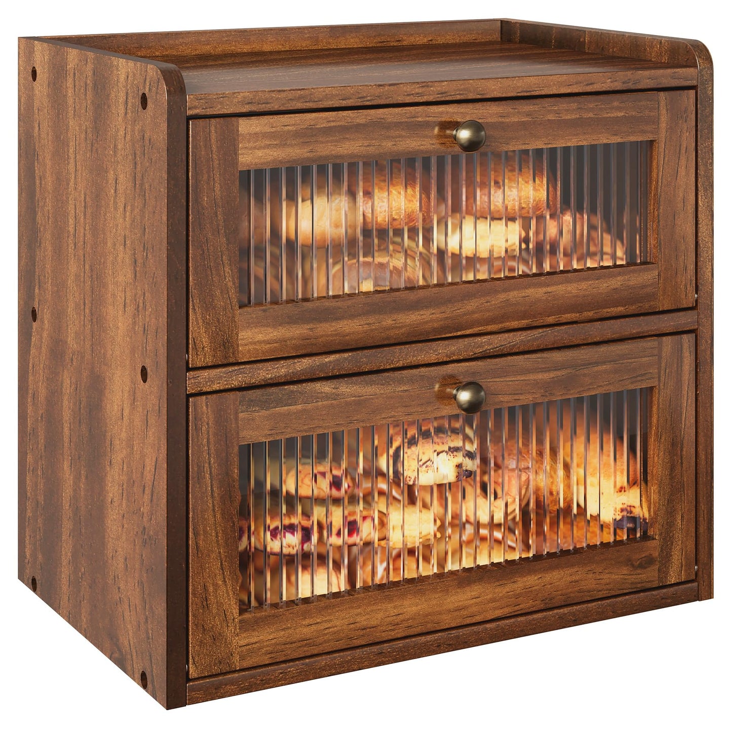 Alpeir Double Layer Large Bread Box for Kitchen Counter, Wooden Corner Bread Storage Container with Acrylic Window, Retro Brown